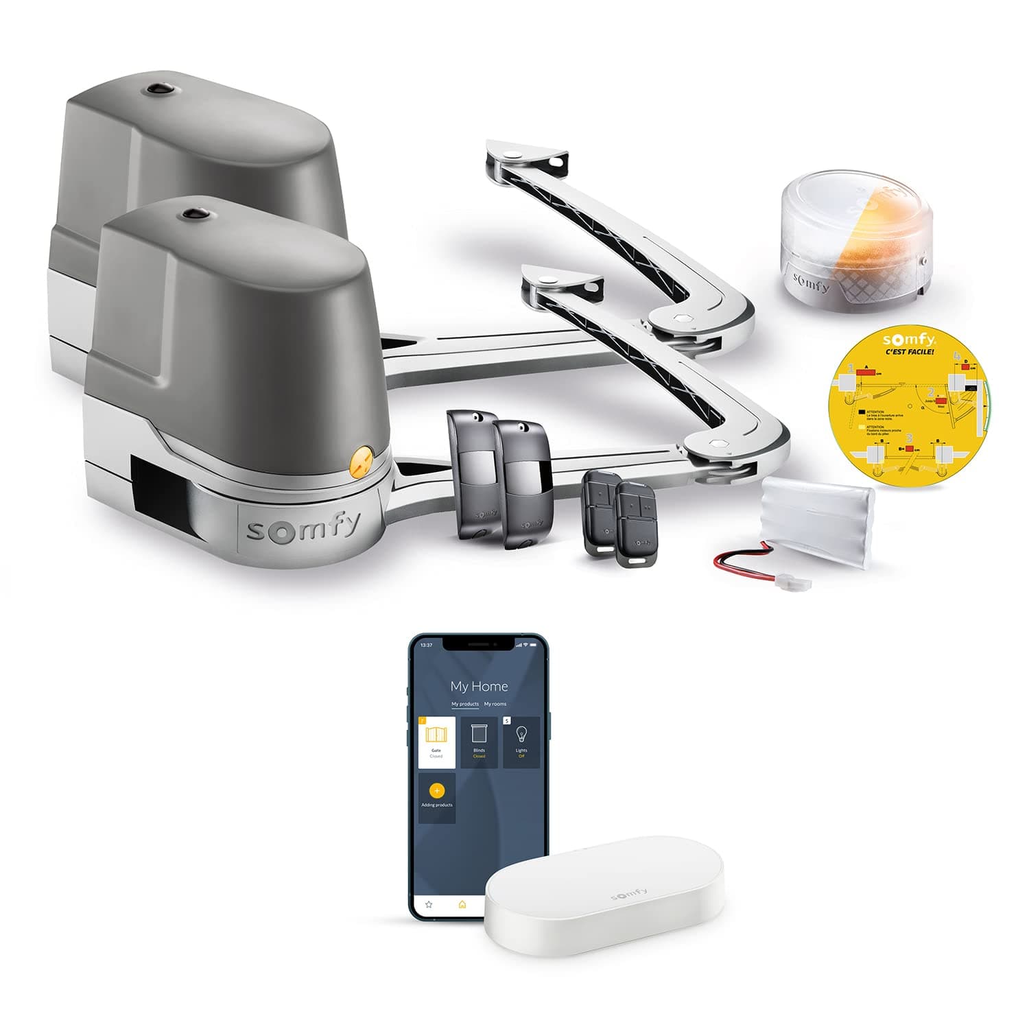 Somfy 1245956 - Motorisation Evolvia Star connecté à bras pour portail battant, Moteur portail compatible avec Alexa, Google Home et TaHoma, Ouverture rapide en 8s, Vantaux max : 2m (H) et 2m (L)
