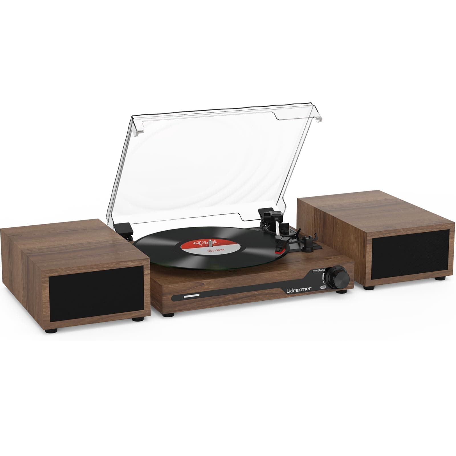 Udreamer Giradischi con 2 altoparlanti stereo doppio, giradischi vintage Bluetooth 5.3 supporta 3 velocità, AUX-In, RCA Line, USB, riproduzione wireless, caffè