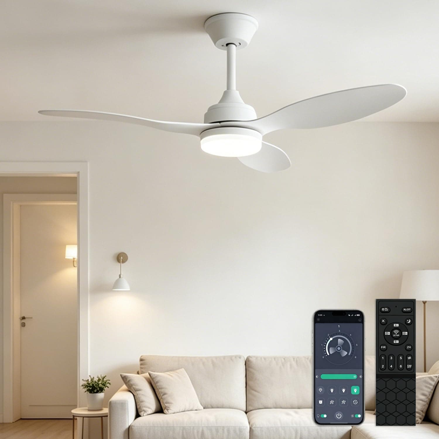 YrgePowk 106CM Ventilateur Plafond avec Lumiere avec Telecommande, 60W Plafonnier Ventilateur Silencieux 6 Vitesses Du Vent Réversible, Ventilateur de Plafond 3 Couleurs Timer Mémoire