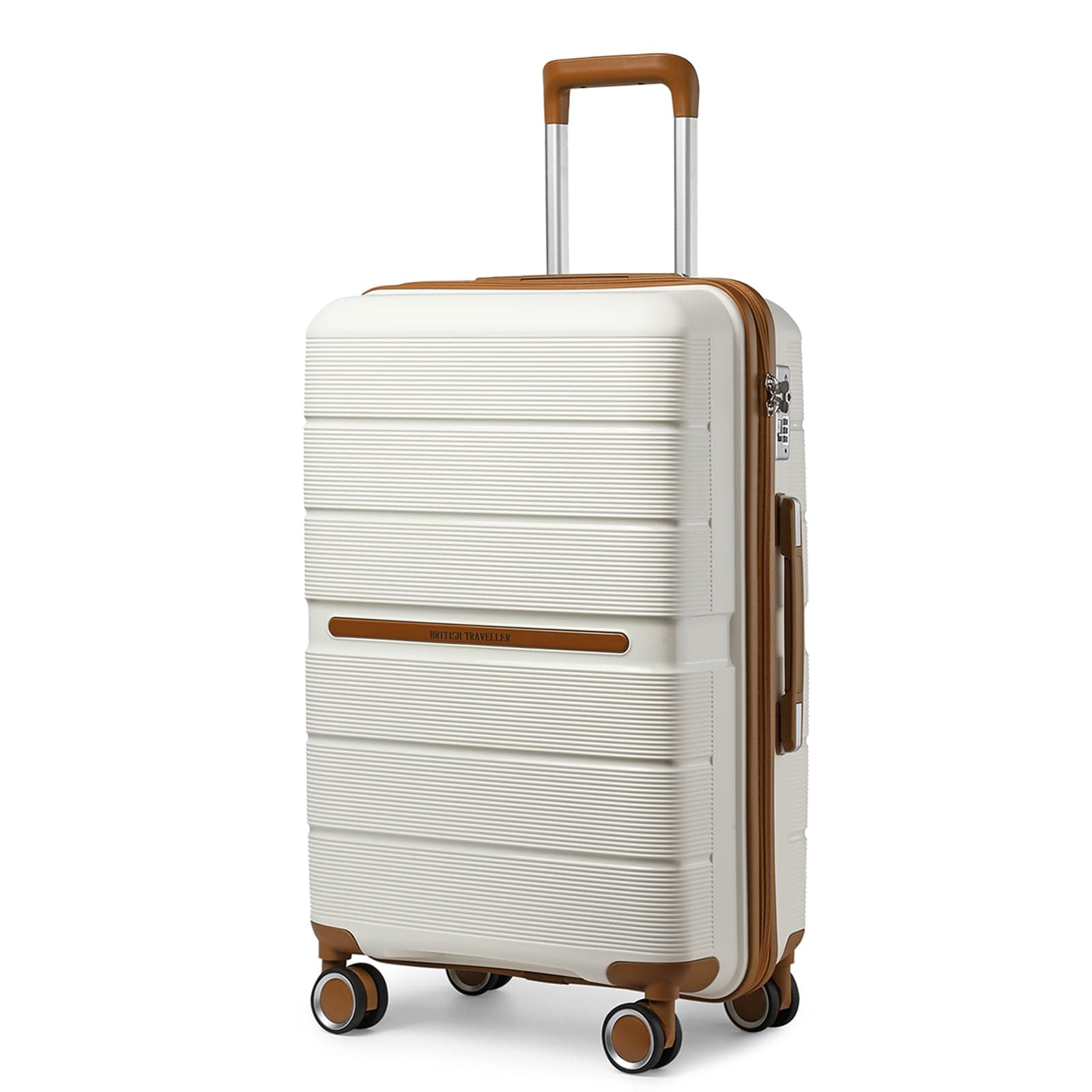 British Traveller Valise Grande Taille Valises Soute 101 Liters, Rigide Trolley en Polypropylène à 4 roulettes et Serrure TSA, 76x49.2x31 cm (Crème)