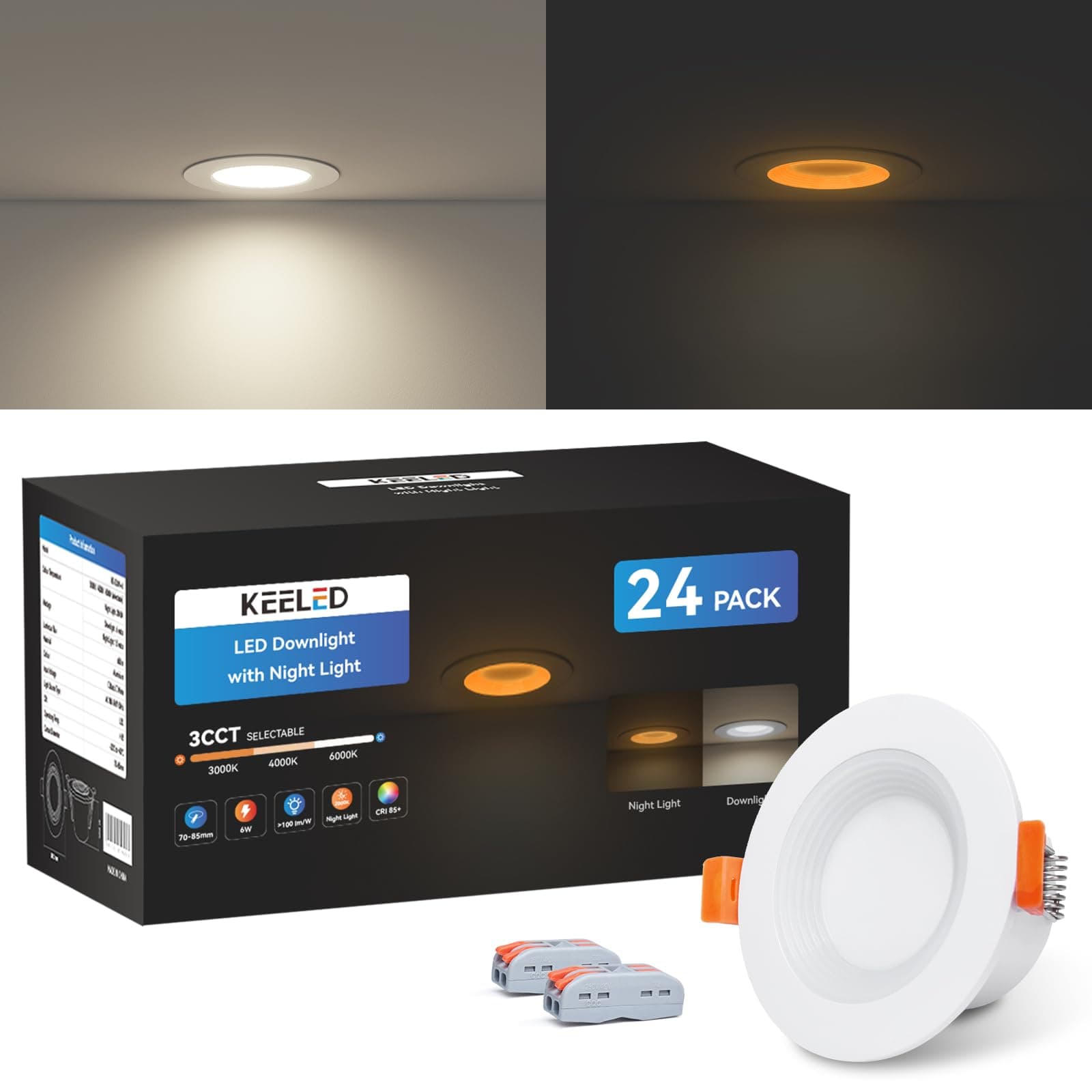 KEELED Faretti LED da Incasso per Cartongesso con Luce Notturna, 6W, 3 Colori Selezionabili 3000K/4000K/6000K, 230V, Foro 70-85mm, Confezione da 24