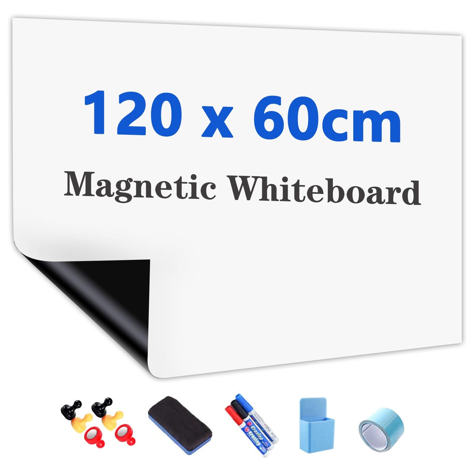 JOMUSAGA Tableau Blanc Magnétique Autocollant 120x60 cm, Film Effaçable à Sec Auto-adhésif, Surface d'Écriture Lisse, avec Effaceur, Feutres et Aimants, Idéal pour l'École, le Bureau et la Maison