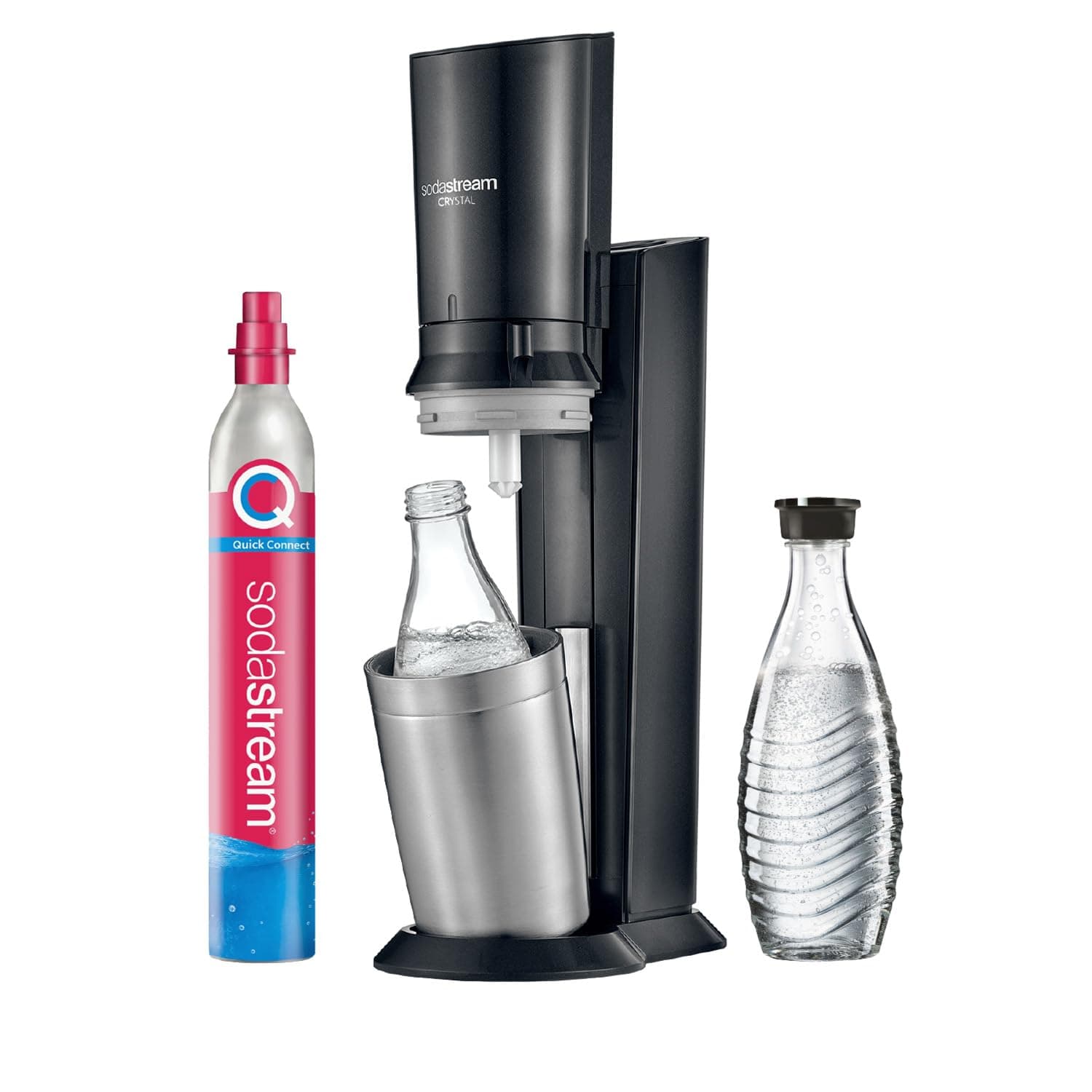 Sodastream Crystal – Machine à eau pétillante avec système CO₂ Quick Connect, cylindre de gaz 60L et 2 carafes en verre 0,7L inclus, noire