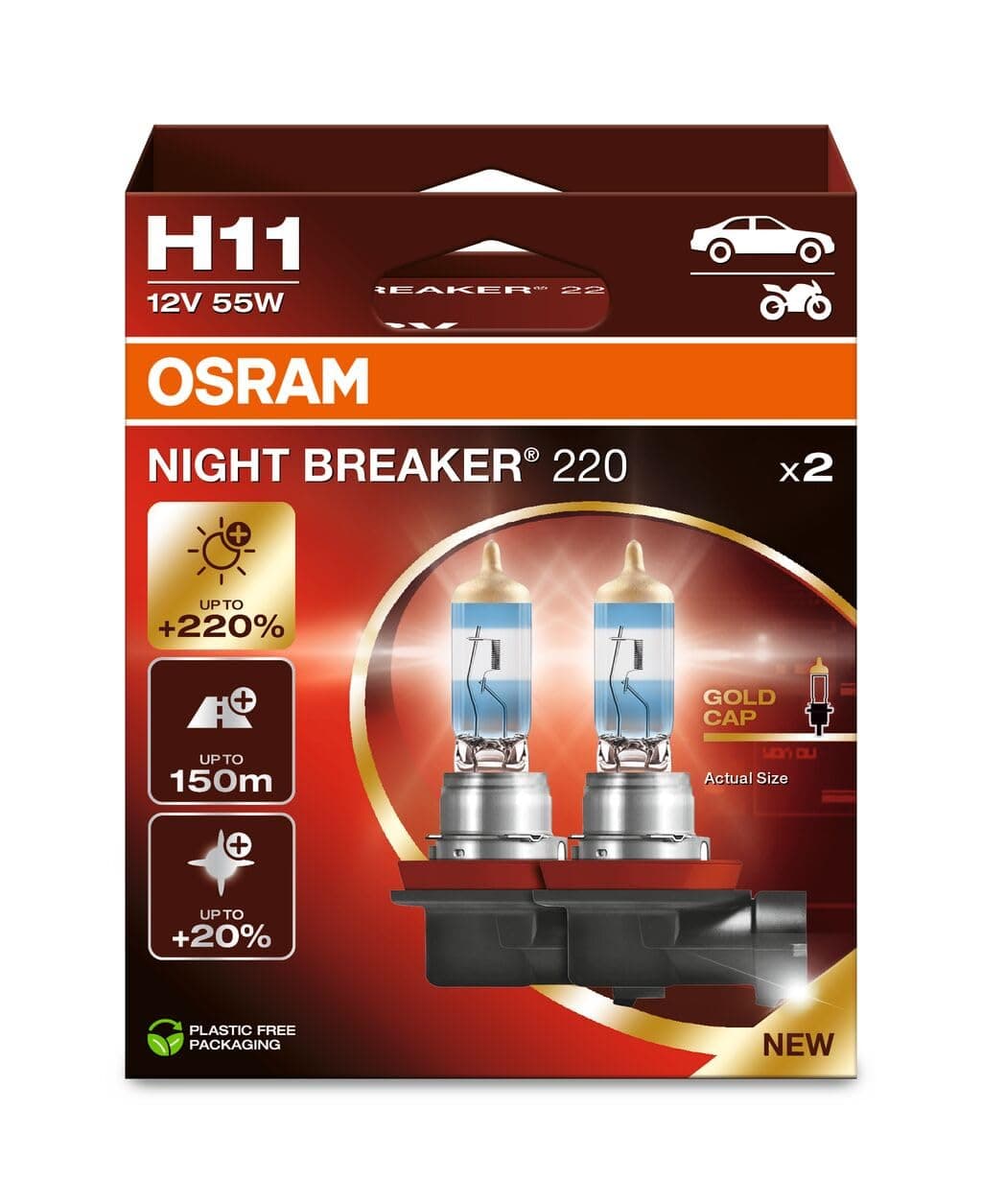 OSRAM NIGHT BREAKER 220, H11, 220% más brillo, lámpara de faro halógeno, 64211NB220-2HB, Caja plegable (2 lámparas)