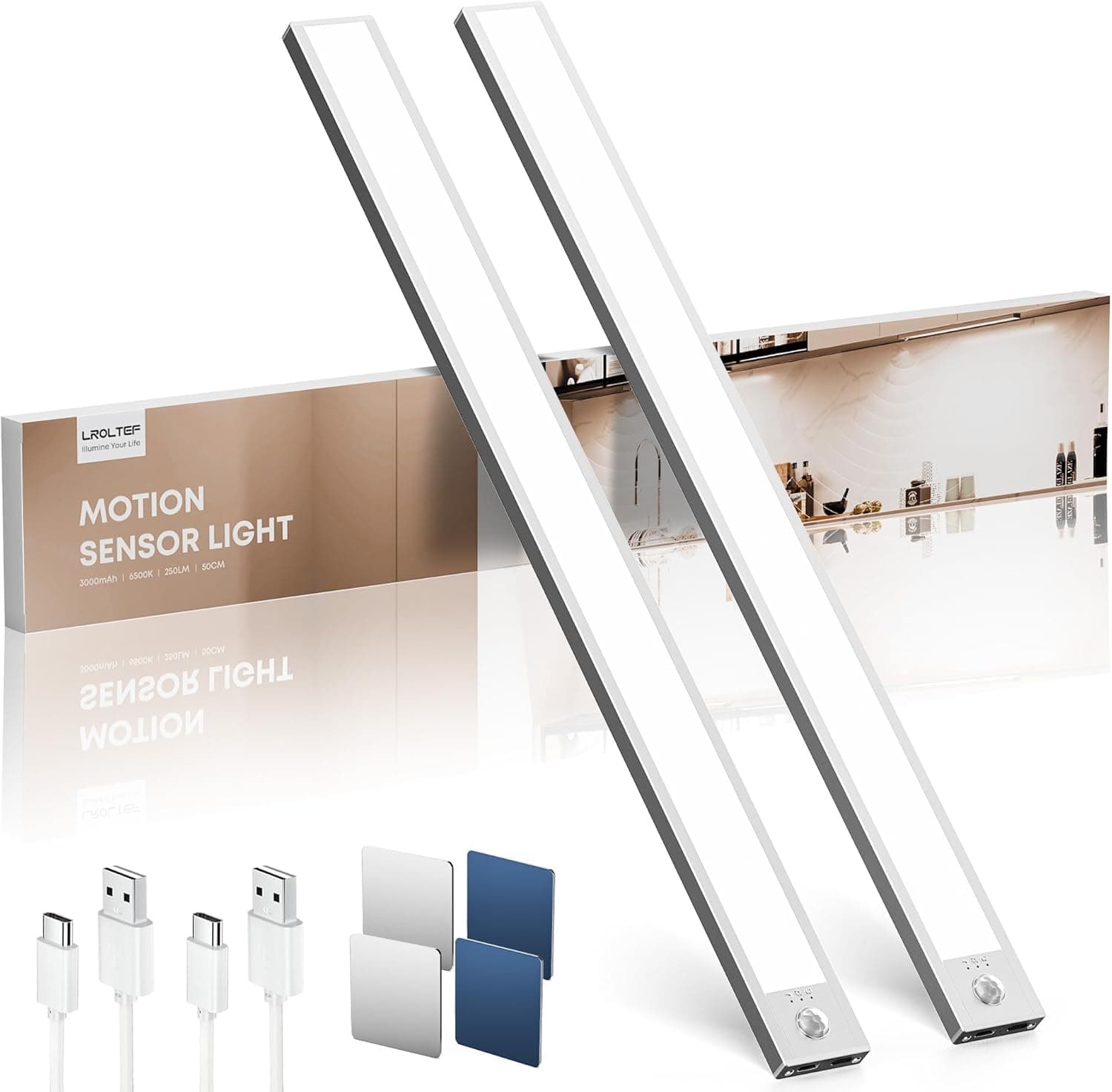 LROLTEF Luce LED Sottopensile Cucina 6500K 50CM Sensore di Movimento per Luci 3000mAh 84 LED Luce Armadio Lampada Dimmerabile per Cucina Scale Soggiorno Bagno Camere da Letto | 2 Pezzi Argento