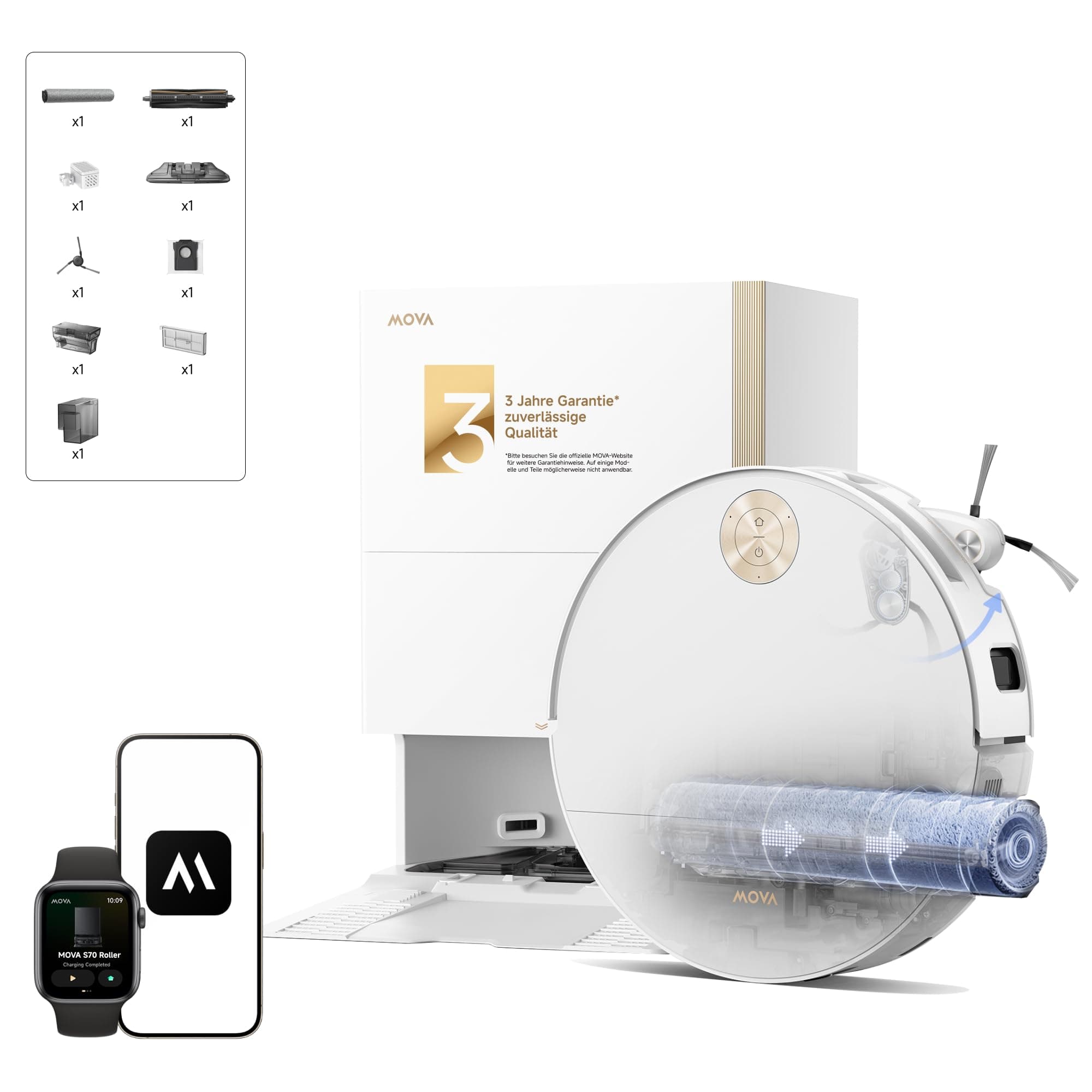 Mova S70 Ultra Roller Saugroboter mit 32.000Pa Saugkraft und HydroForce-Wischen, CovertSense-Navi, AutoShield-Tech, Dual-Anti-Wirr-System, Sprachsteuerung, All-in-One-Basisstation
