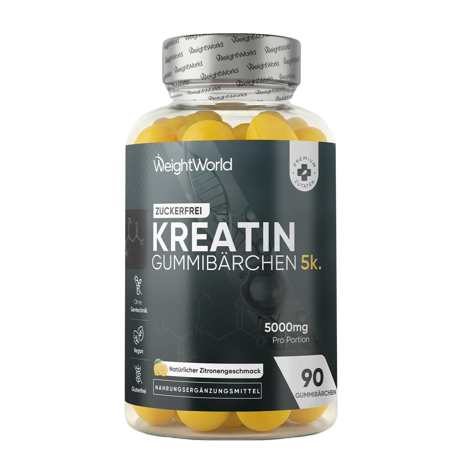 Creatin Monohydrat Gummibärchen - 5000 mg Kreatine pro Portion - 90 Gummibärchen Ohne Zucker - Leckere Kreatin Gummies mit Zitronengeschmack - Ohne Gentechnik - Vegane Gummies von WeightWorld