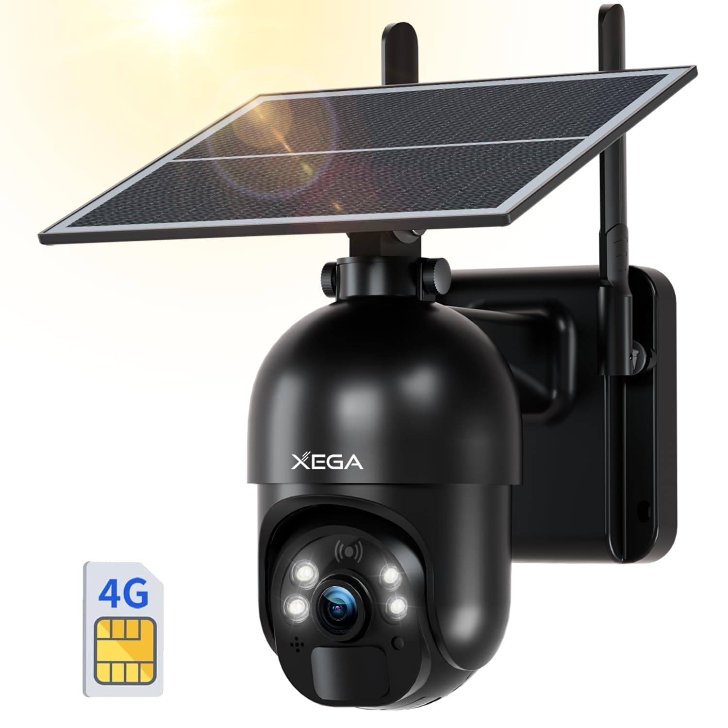 Xega 3G/4G LTE Telecamera Solare Esterno con SIM Scheda 2K HD 355°/95° PTZ Telecamere Senza Fili con Pannello Solare Batterie Visione Notturna Rilevamento del Movimento Audio Bidirezionale Rotazione