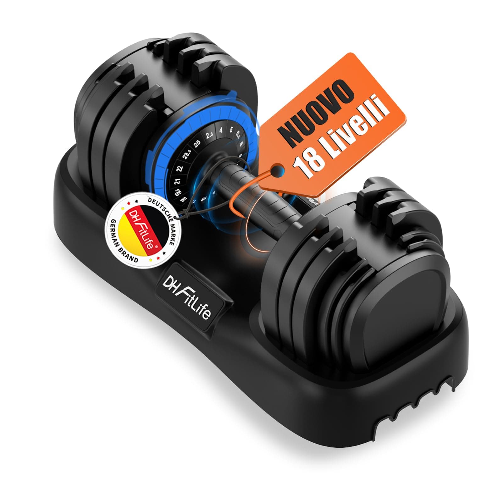 DH FitLife 2026 Nuovo Manubri Regolabili 25 kg | 18 Pesi in 1 | 2,5-25 kg | Cambio Peso in 1 Secondo | Bloccaggio Sicuro | Impugnatura Antiscivolo | Set Manubri Salvaspazio | Allenamento a Casa