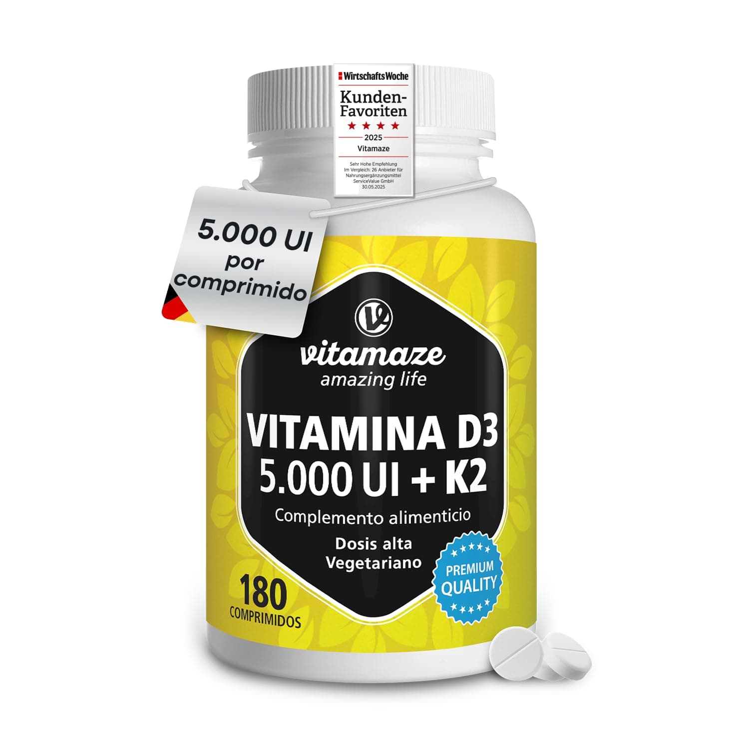 Vitamina D3 y K2 Alta Dosis (5000 UI Vitamina D3 + Vitamina K2 100 Mcg) - Sistema Inmunológico y Óseo - 180 Comprimidos Alta Biodisponibilidad, Calidad Alemana. Vitamaze®