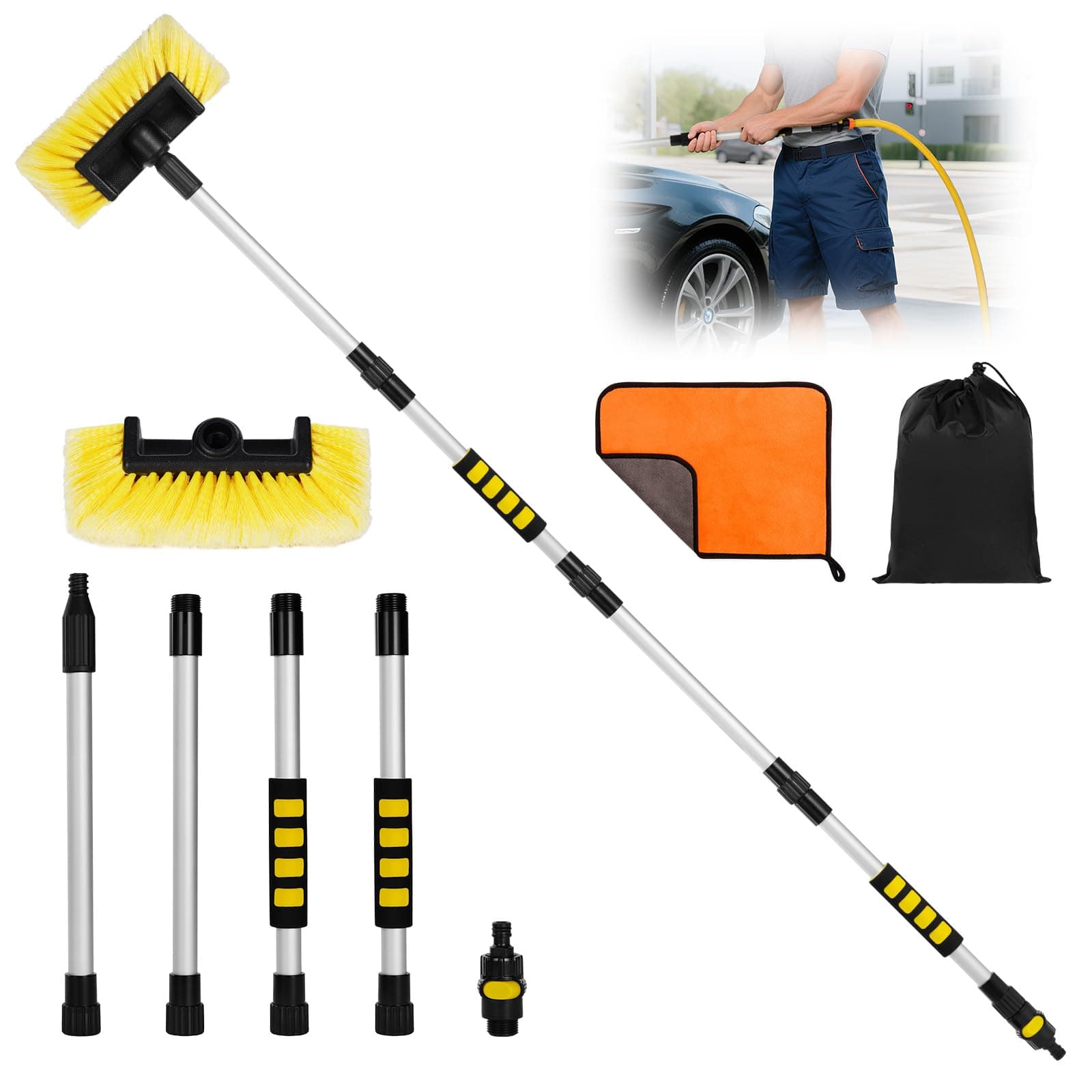 Adiwo Spazzola per lavaggio auto a quattro sezioni da 165 cm, manico lungo, setole morbide, giallo
