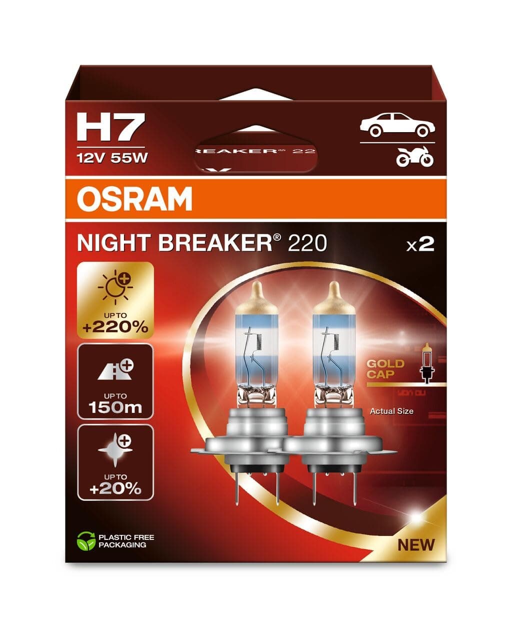 Osram NIGHT BREAKER 220, H7, +220% mehr Helligkeit, Halogen-Scheinwerferlampe, 64210NB220-2HB, Faltschachtel (2 Lampen)