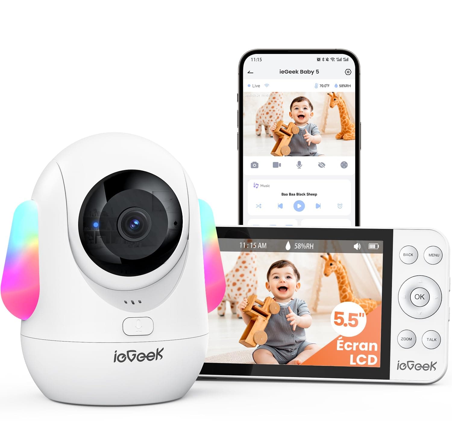 ieGeek 2.5K Babyphone Camera avec Veilleuses Colorées, 5.5" Camera Bebe avec Application Telephone, Détection D'occlusion des Visages, Surveillance des Mouvements, Suivi Automatique