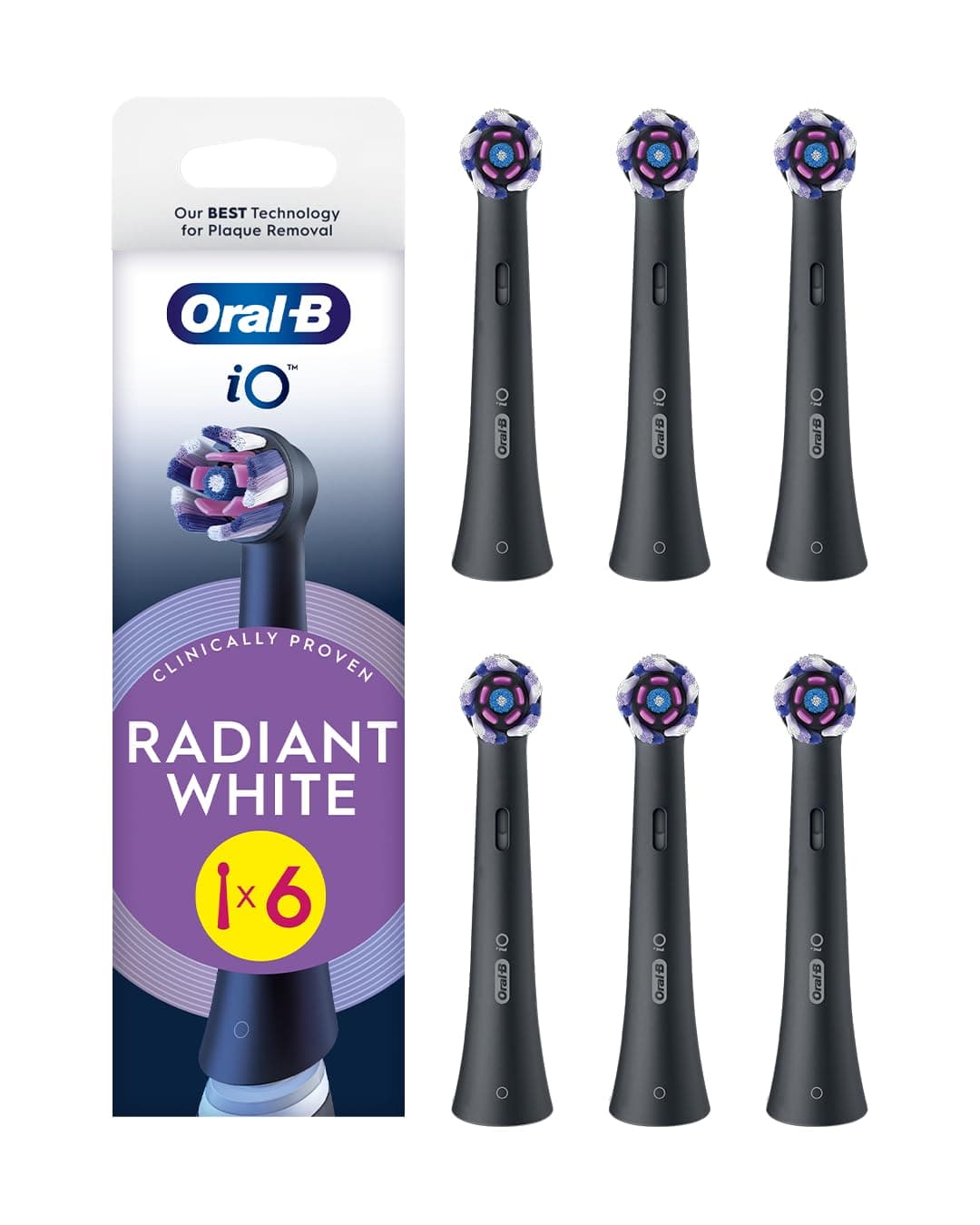 Oral-B Series iO Radiant White Cabezales De Recambio Originales, Pack de 6 Recambios Negros Para Cepillos De Dientes Eléctricos Oral-B iO, Blanqueamiento Dental, Eliminación De Manchas
