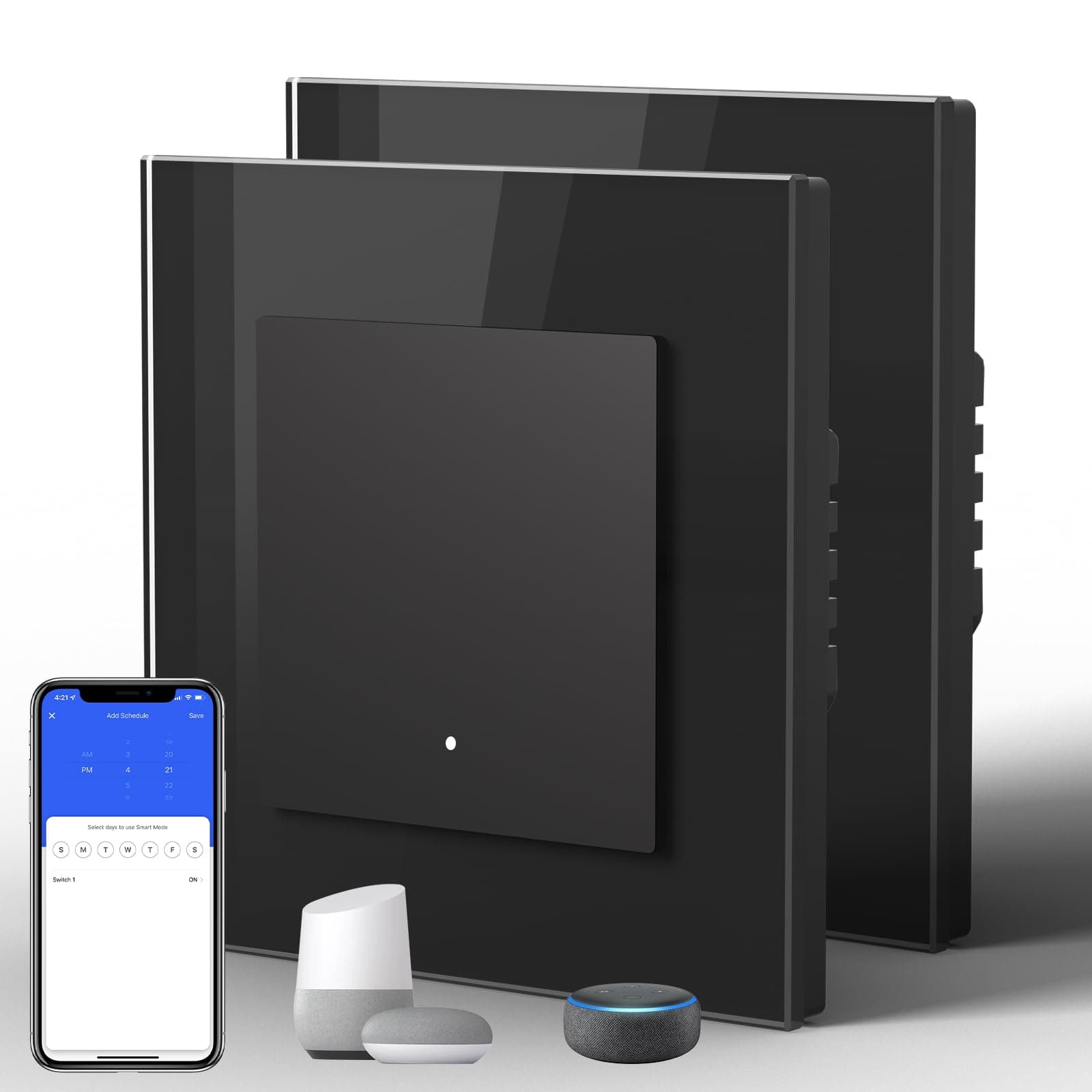 BSEED Lichtschalter Glas Smart WiFi Wechselschalter Compatibel mit Google Home und Alexa Neutrale Leitung Benötigt, 1 Fach 2 Wege, 86mm Schwarz, 2 Pack