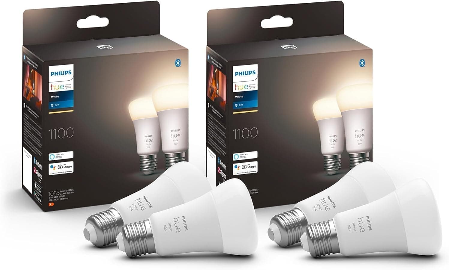 Philips Hue White, Pack de 4 ampoules connectées LED E27 75W, 1100 lumens, contrôle Bluetooth - compatible avec Alexa, Google Assistant et Apple Homekit, ancienne génération