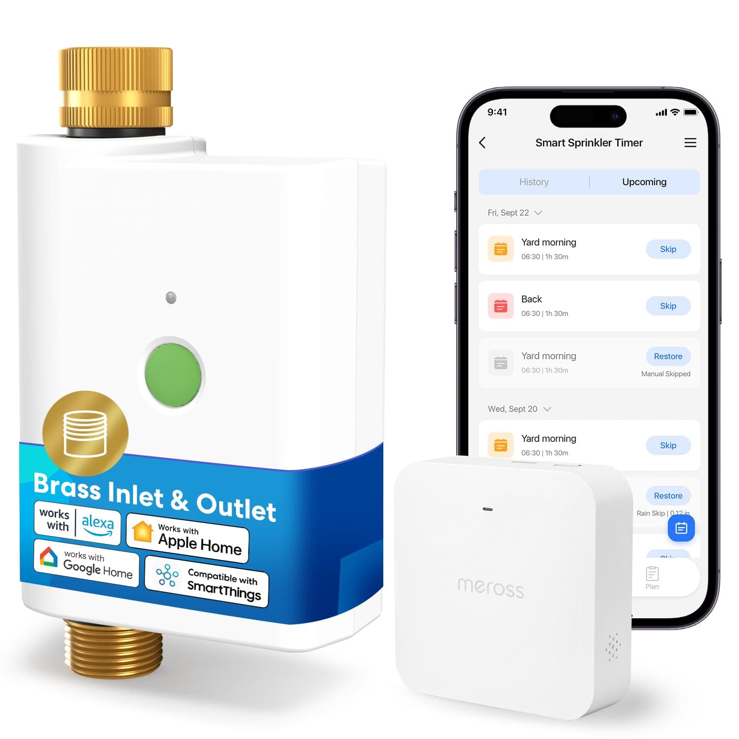 Meross Programador Riego WiFi MST100 | Riego Automatico & Pausa Lluvia - por APP | Contador de Agua y Control Remoto Exterior | Conexión Doble de Latón | Compatible con Apple Home, Alexa y Google Home