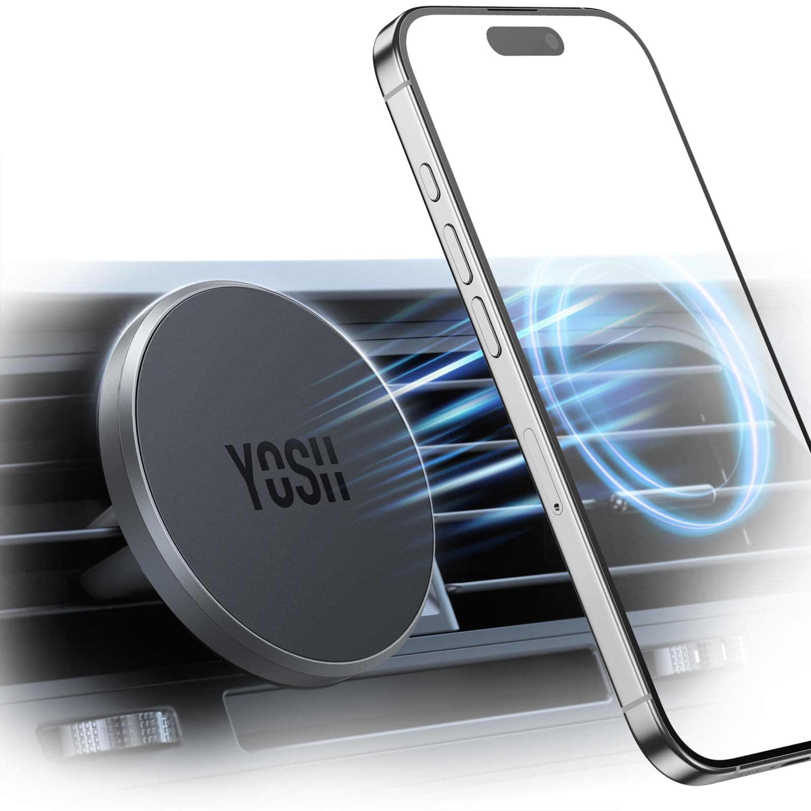 YOSH Porta Cellulare Auto Magnetico per MagSafe, Supporto per iPhone Serie 16/15/14/13/12, Ultra Stabile con Magneti N52, Supporto Mag-safe Auto per Bocchette d'Aria, Senza Piastra Metallica, Argenteo