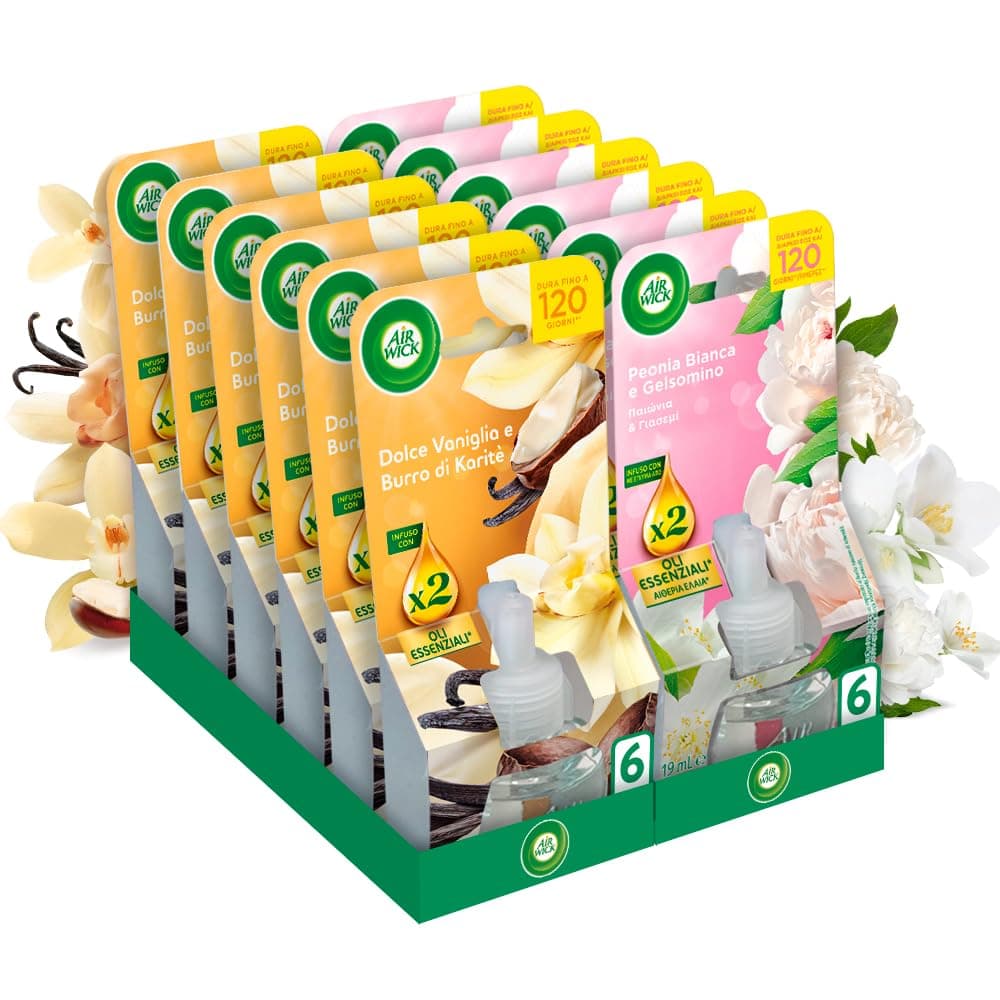 Air Wick Diffusore Elettrico di Oli Essenziali, 12 Ricariche per Diffusore Elettrico alla Fragranza Dolce Vaniglia e Burro di Karitè e Peonia Bianca e Gelsomino