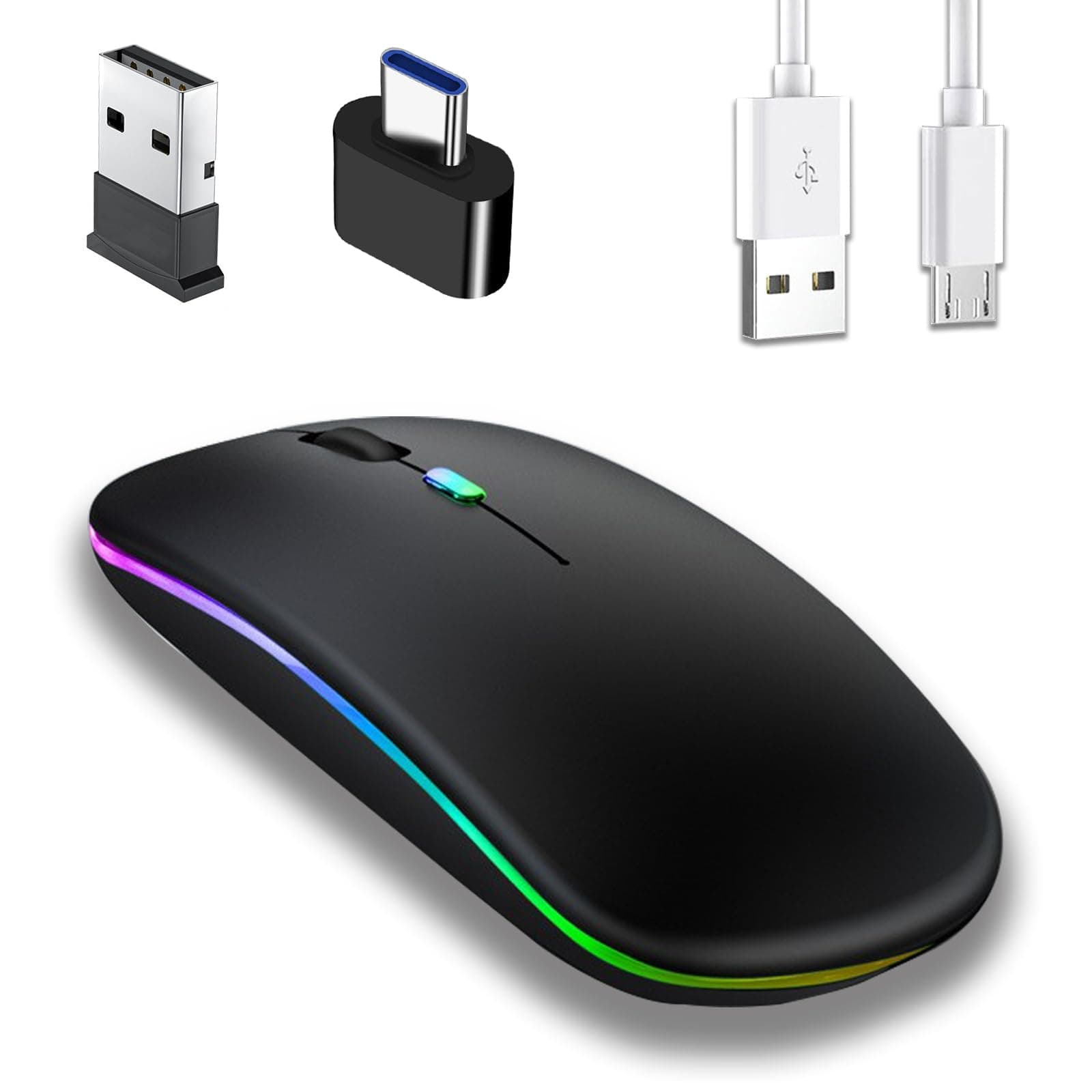 Jinpojun Souris sans Fil Rechargeable, Souris Rétroéclairée de 7 Couleurs avec Bluetooth + 2.4G Deux Modes, Souris Gaming Compatible avec Ordinateur Portable, PC, Ordinateur, Chromebook, Notebook
