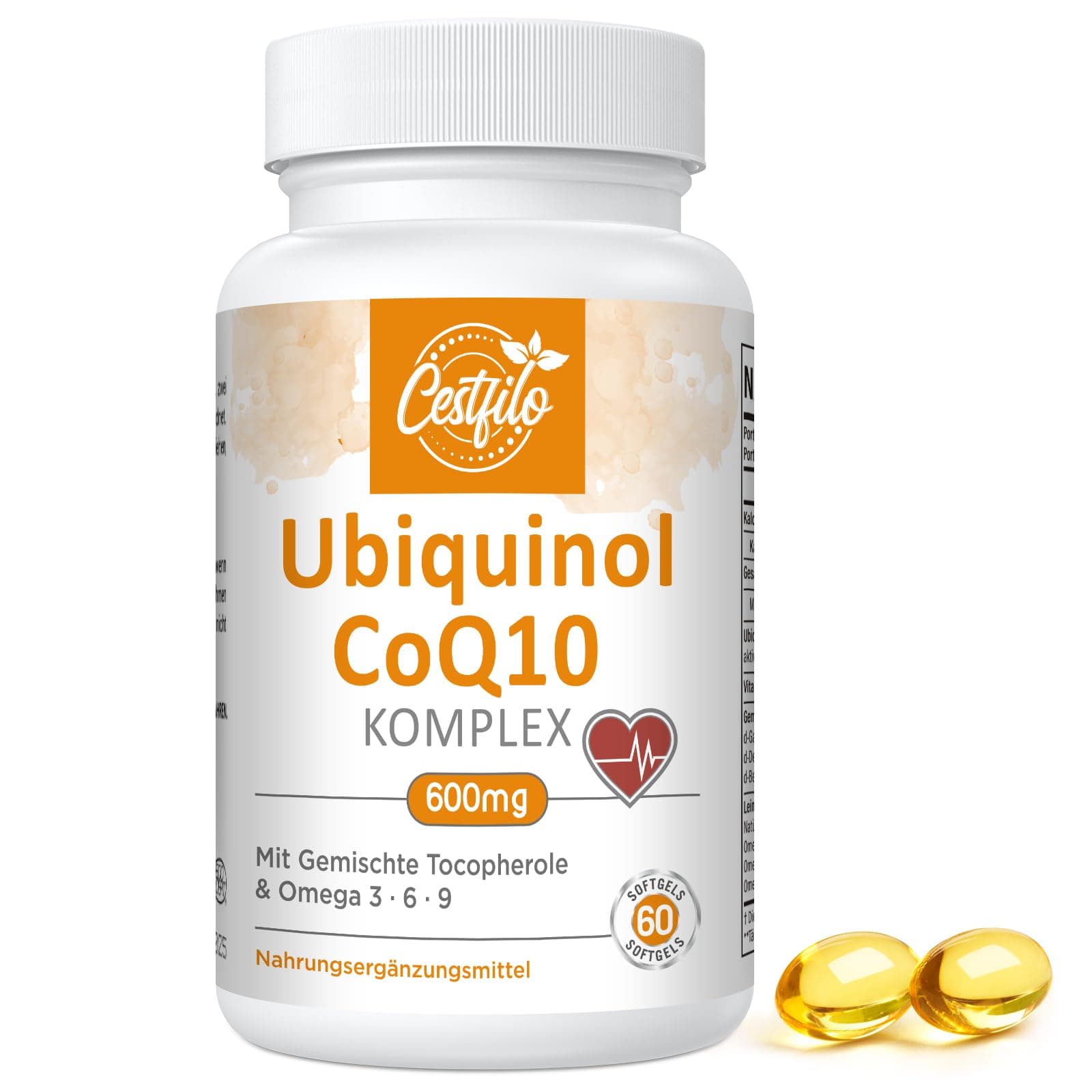 Ubiquinol CoQ10 600 mg cápsula blanda - Forma activa de CoQ10 más vitamina E y omega 3 6 9 - Suplemento antioxidante avanzado de coenzima Q10 para el corazón y el cerebro (60 unidad (Paquete de 1))
