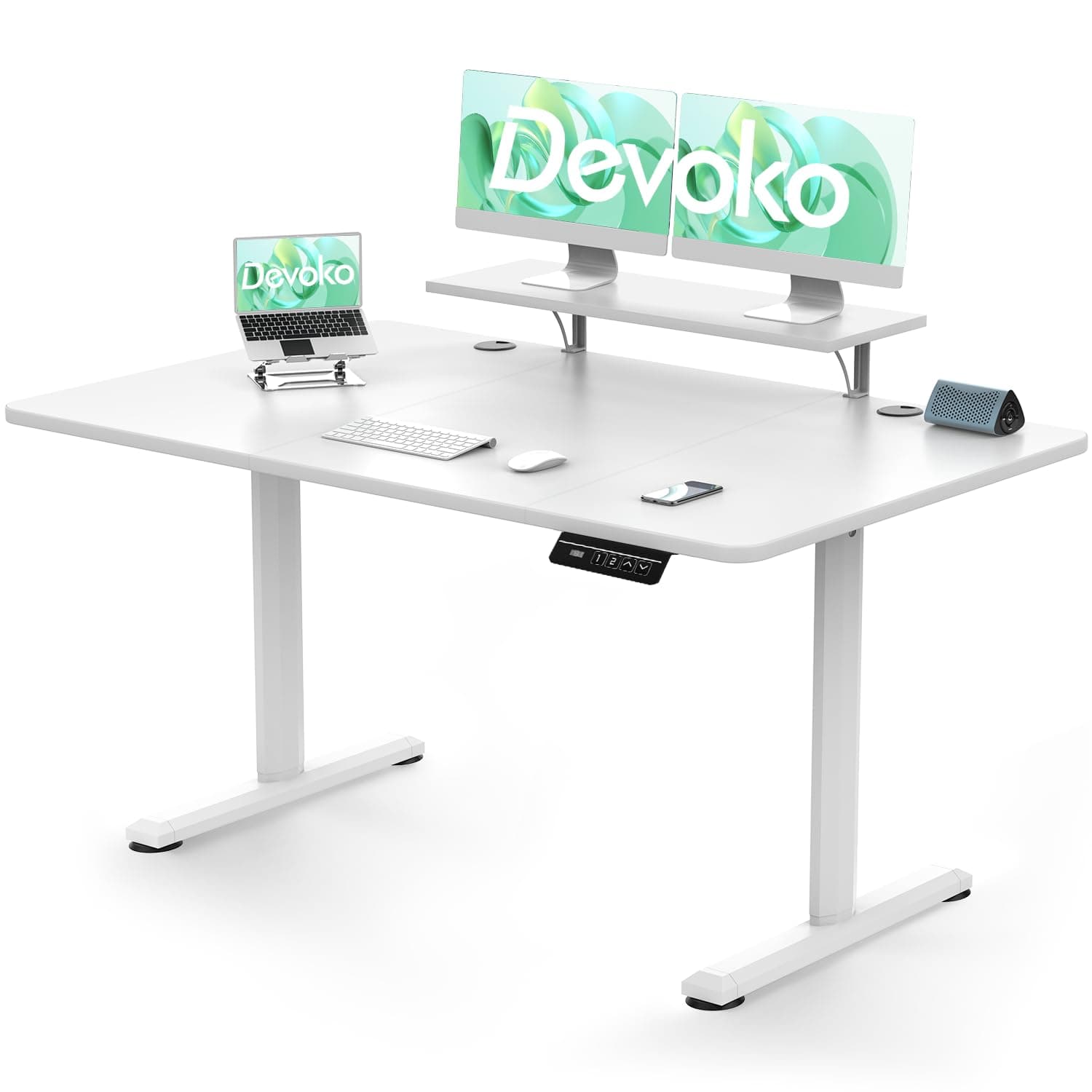 Devoko Escritorio Elevable Eléctrico con Tablero 140 x 60cm, Escritorio Regulable en Altura 73-118cm, 2 Opciones de Memoria Inteligente para Estudiar, Trabajar(140×60cm,Blanco)