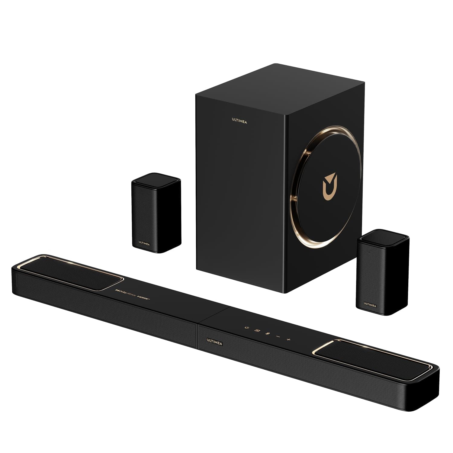 ULTIMEA 5.1.2ch Barra de Sonido con Dolby Atmos, Altavoces Superiores Up-Firing, Subwoofer Inalámbrico y 2 Traseros, 460W, HDMI eARC, BT 5.4, Sistema de Cine en Casa Skywave F40 Boom
