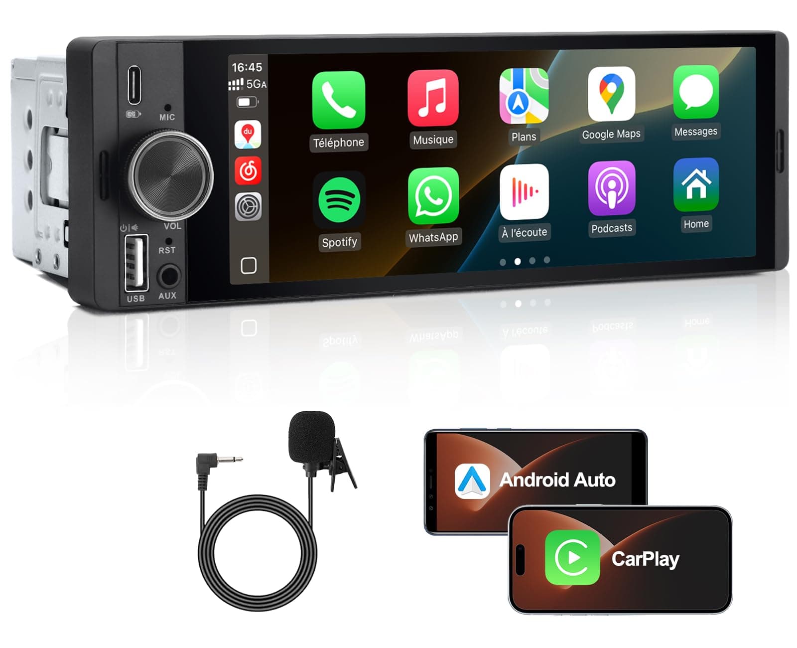 Autoradio 1 DIN, CarPlay Voiture & Android Auto sans Fil, Poste Radio Bluetooth Appels Main Libre, 6,36 Pouces HD Écran Tactile, Navigation GPS, Contrôle Vocal, AUX/FM, Mirror Link, USB Type-C