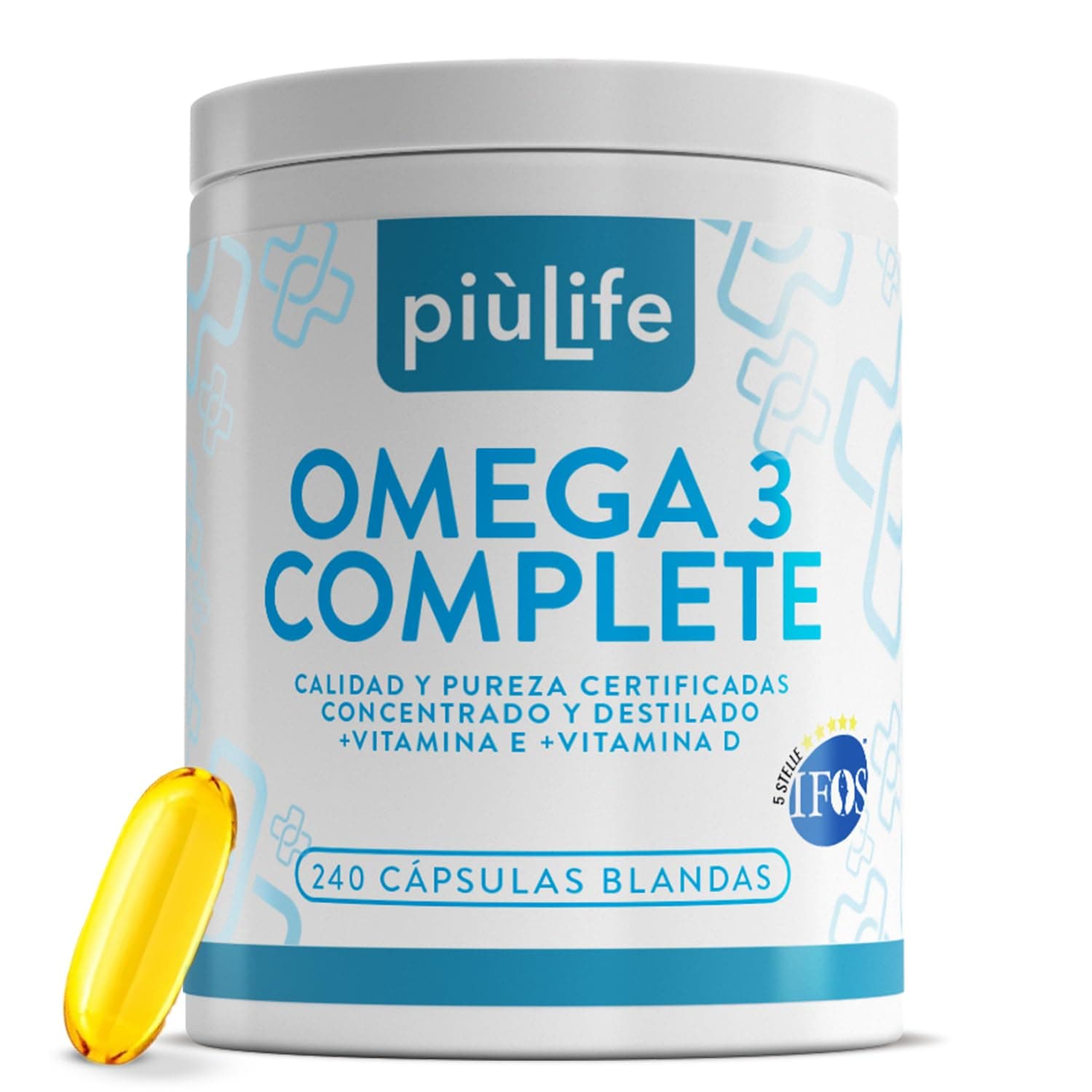 Omega 3 IFOS Certificado Con Vitamina D3 2000 UI PiùLife, 240 Omega 3 Capsulas Blandas, Aceite De Pescado 2000mg Epa Y 1000mg Dha Por Dosis, Fish Oil Triglicéridos, Corazón, Vista, Huesos Y Cerebro