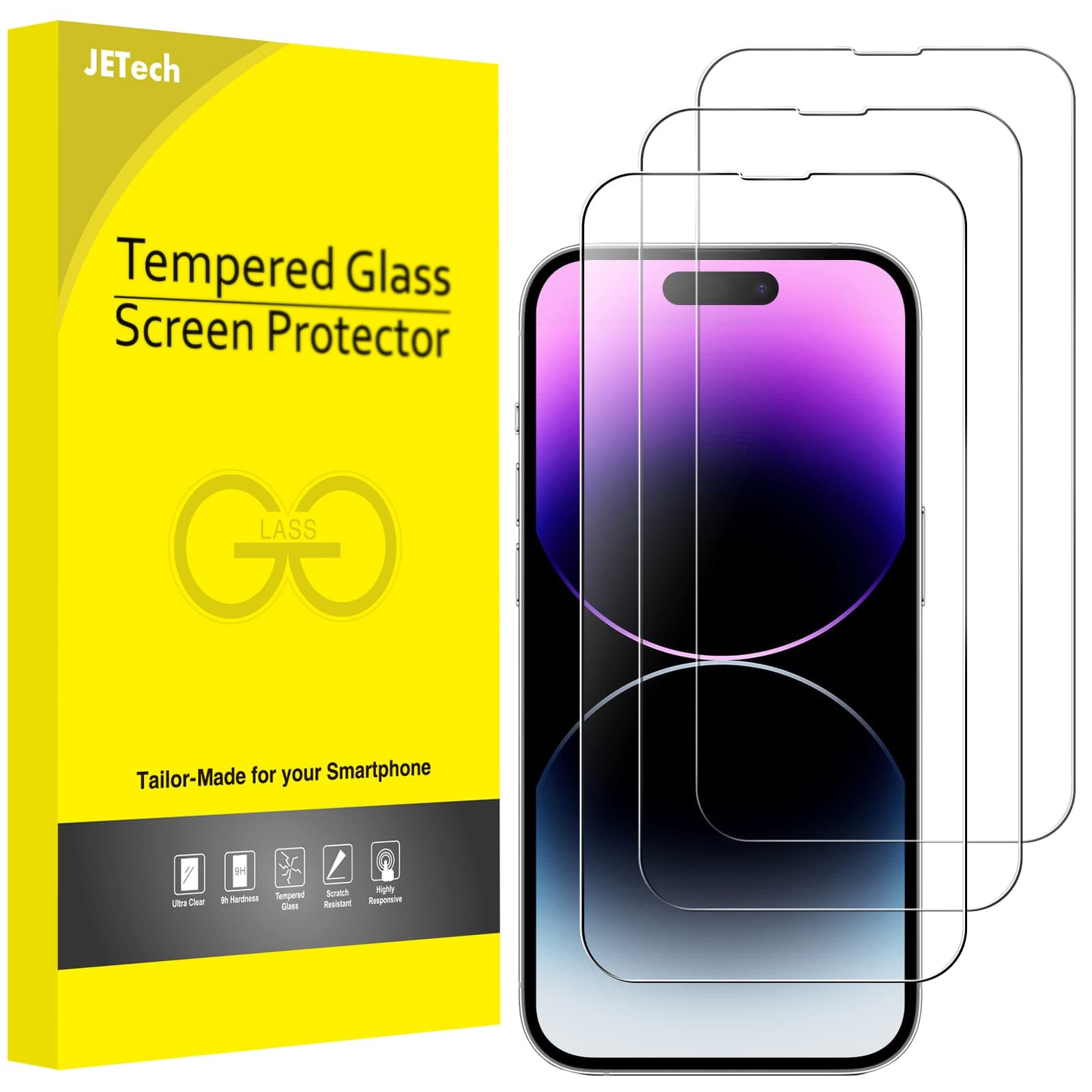 JETech Full Screen Schutzfolie für iPhone 14 Pro 6,1 Zoll, 9H Panzer Schutz Glas Folie Displayschutz Hat Keinen Einfluss auf die Hülle, HD Klar, 3 Stück