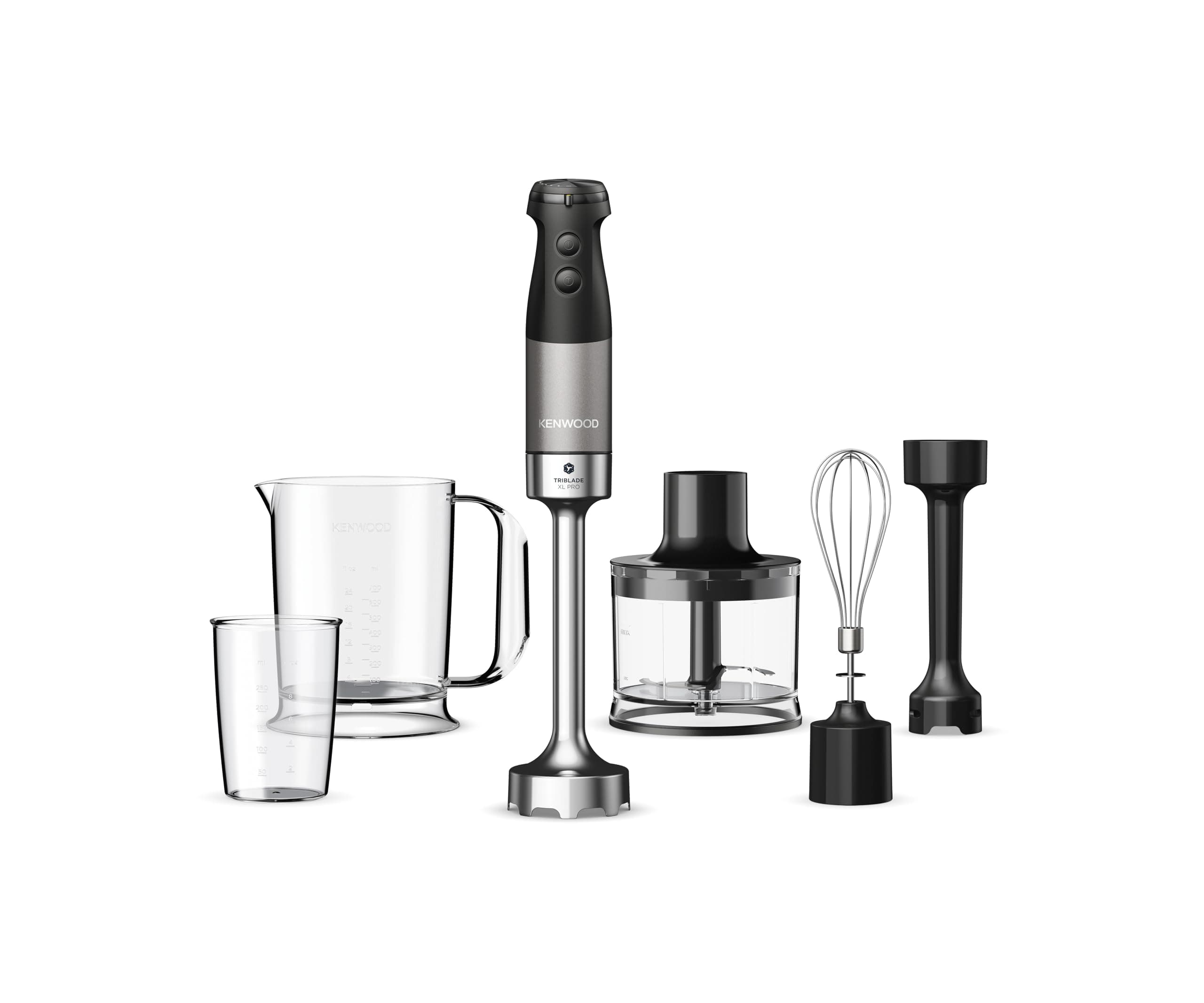 Kenwood Triblade XL Pro HBM80.322BK, Minipimer con Sistema Triblade, Velocità Variabile + Turbo, Asta in Acciaio Inox, Tritatutto da 500ml, Frusta, Emulsionatore, Bicchieri 700 e 250 ml, 1200W, Nero