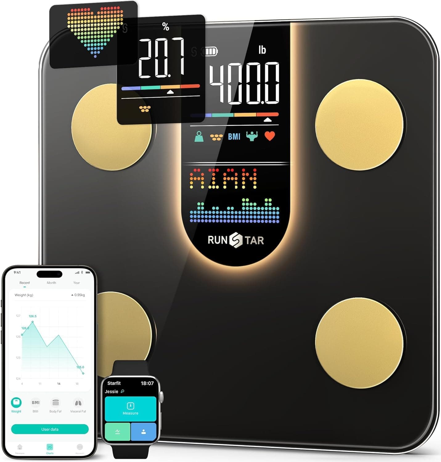 Bilancia Runstar Pesapesone, Bilancia Smart Con Display VA 8in1, Bilancia Pesapersone Digitale Alta Precisione Peso Corporeo, FC, BMI, Grasso Corporeo, 22 Dati Composizione Corporea, Sync App