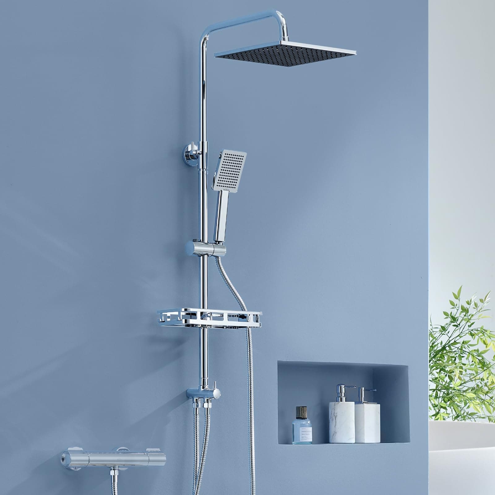 Auralum Columna Ducha sin Grifo con Estante, Cabezal Ducha 25cm x25cm, Desviador de ducha de Latón, Barra de Ducha de Acero Inoxidable, Ducha de baño Compatible con Orificios Existentes, Cromo