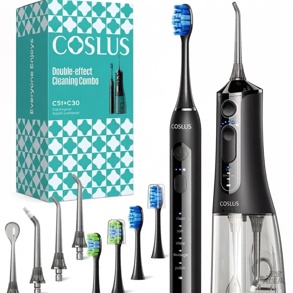 COSLUS C51C30 Cepillo de Dientes Eléctricoo con Irrigador Dental 2-1 Kit | Limpieza Bucal Portátil para Cepillado y Hilo Dental, Varios Modos para Usuarios, Inalámbrico para Casa y Viajes, Negro