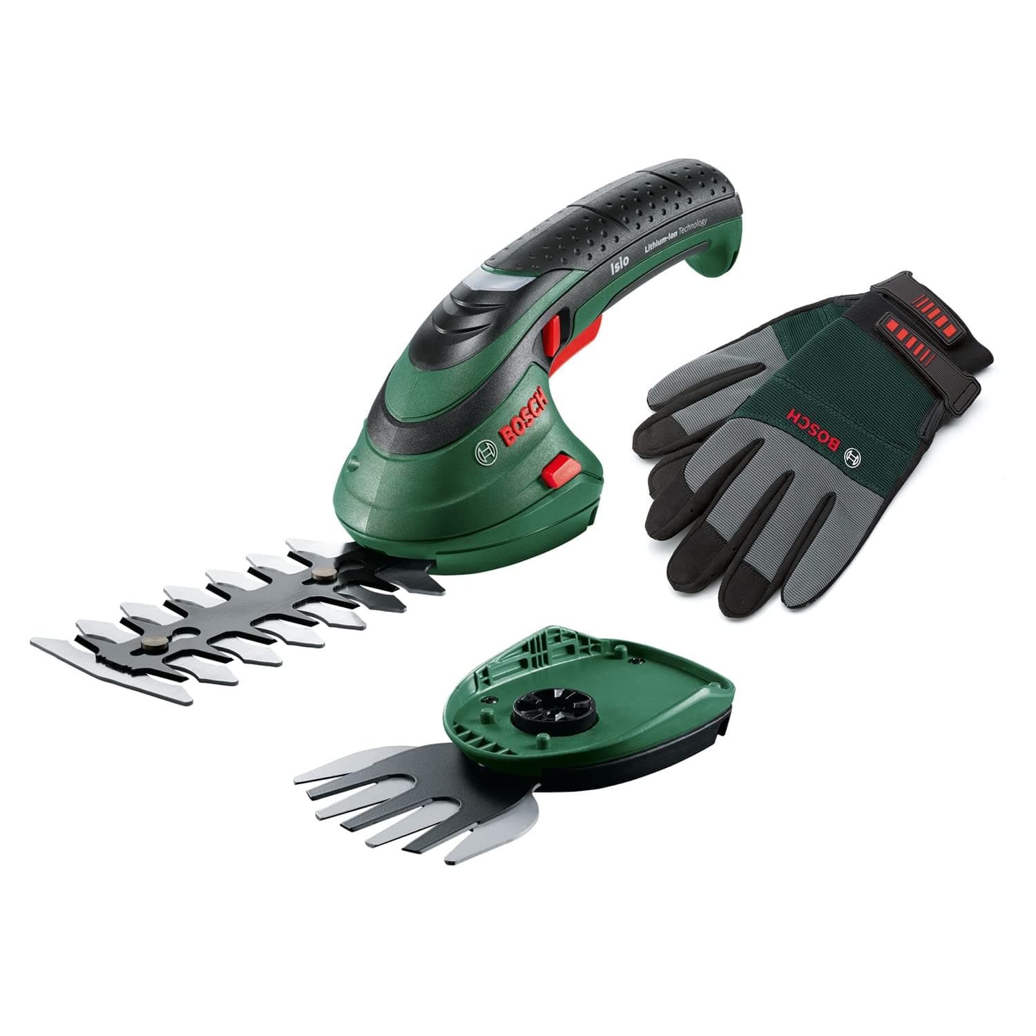 Bosch Set forbici per erba a batteria Isio (3,6 Volt, lunghezza lama 12 cm, spessore di taglio 8 mm, con guanti da giardinaggio XL inclusi)