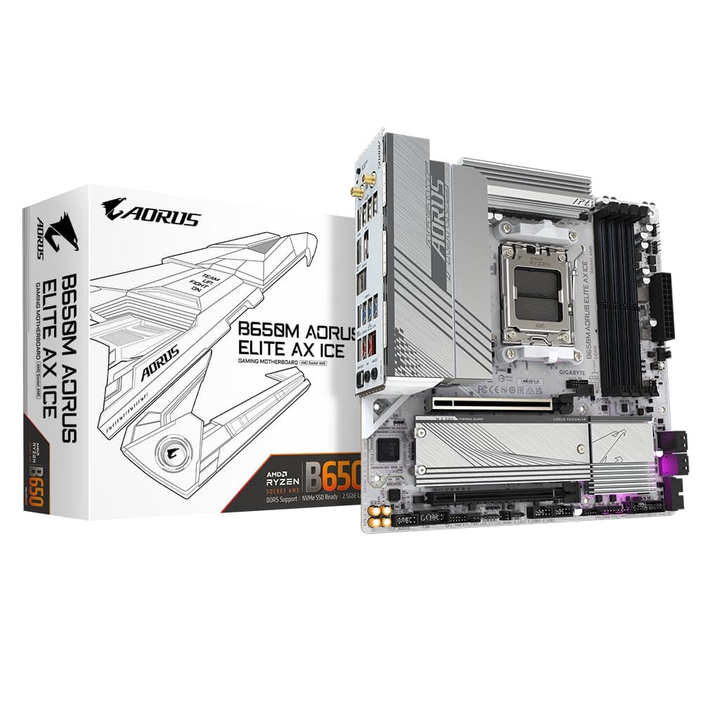 GIGABYTE B650M AORUS Elite AX Ice Placa Base - AMD Ryzen Serie 9000, VRM de 12+2+2 Fases, hasta 8000 MHz DDR5 (OC), 1xPCIe 5.0 + 1xPCIe 4.0 M.2, LAN 2,5 GbE, WiFi 6E, USB 3.2 Gen 2x2