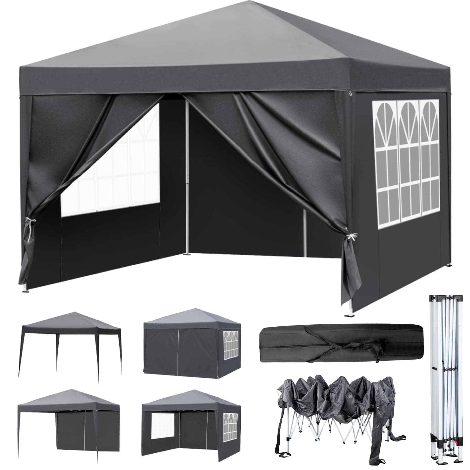 LEADZM 3x3m Tonnelle de Jardin Pliable,Pop-up Barnum,Réglable en Hauteur, Imperméable,Protection UV 50+,avec 4 Côtés,Cadres en Acier,Convient pour la Fête, l'extérieur,Patio,Camping,Gris Foncé