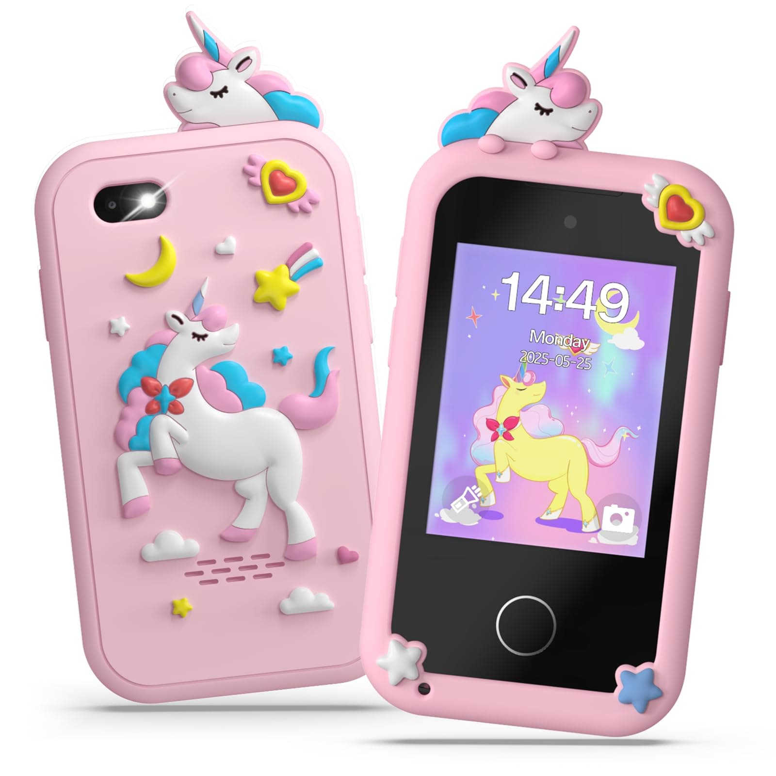 Fippesax Telephone Enfant, Smartphone Jouets Enfant 3-12 Ans, avec 20 Jeux Éducatifs, MP3 Musique Podomètre Alarme Double Caméra, 8GB Carte SD Incluse - Cadeau Anniversaire/Noël pour Rose