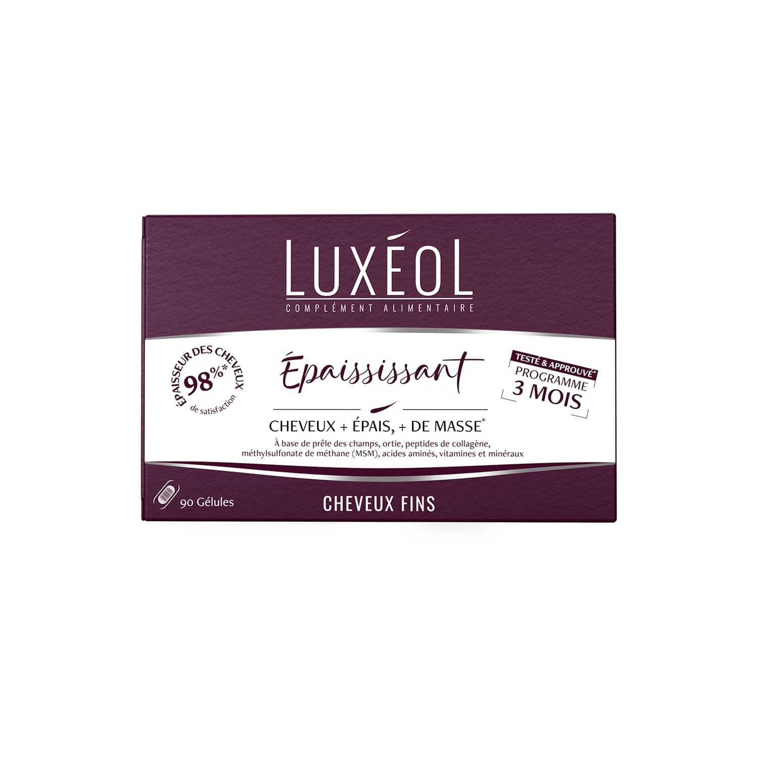 LUXEOL - Complément Alimentaire Epaississant - Cheveux + Epais* - À Base de plantes, peptides de collagène, MSM, acides aminés, Vitamines & Minéraux - Fabriqué en France - 90 gélules (= 90 jours)