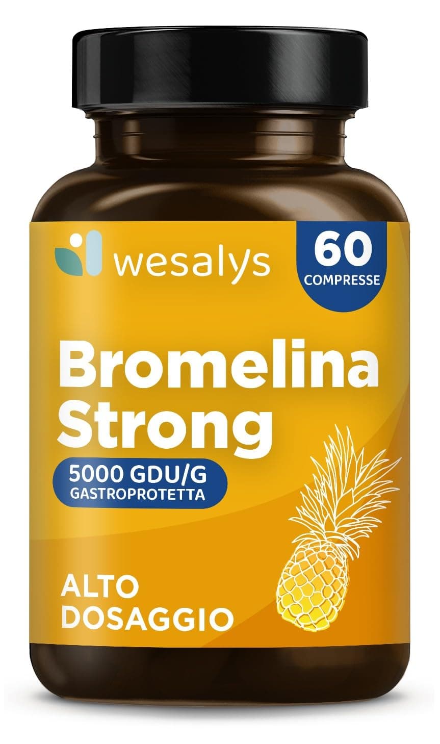 Bromelina Forte 5000 GDU/g Gastroprotetta, 1600mg di Bromelina Pura, Alto Dosaggio. Estratta naturalmente dall'Ananas Integratore Made in Italy, senza glutine e lattosio. Wesalys