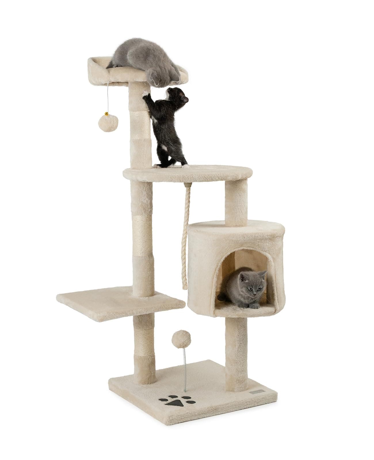 lionto Arbre à Chat avec 2 balles en Peluche & Corde de Jeu, Hauteur 112 cm, avec Corde en sisal & Peluche, Surface de Repos & Grotte, Support Mural Inclus, pour Petits & Grands Chats, Beige