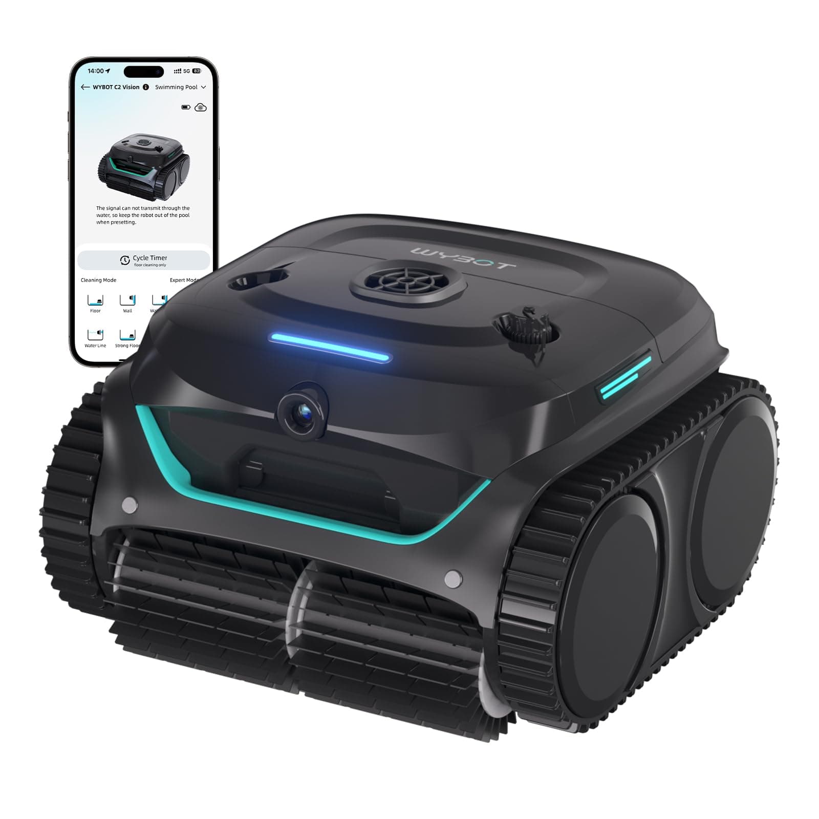 WYBOT (Nouveau Modèle) Robot Piscine sans Fil C2 Vision-A avec caméra IA, Filtration Ultra-Fine, Forte Aspiration, Nettoyage Fond/parois & Ligne d’Eau, Navigation Intelligente – NoirVertProfond