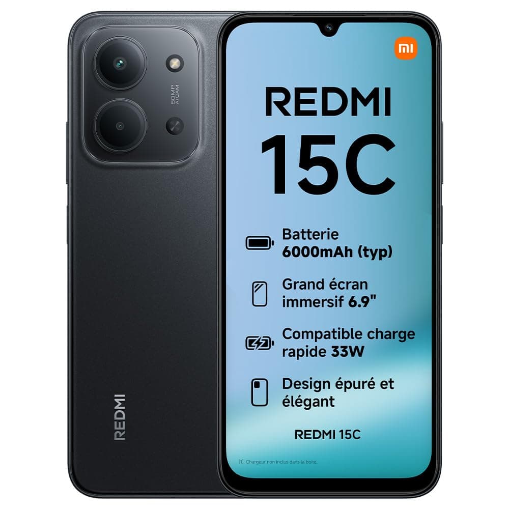 XIAOMI Redmi 15C, Smartphone 4+128Go, écran 6,9 Pouces 120Hz, Design 7,99 mm, MediaTek Helio G81-Ultra, Batterie 6000 mAh, Noir, Chargeur Non Inclus (Version Française + 2 Ans de Garantie)