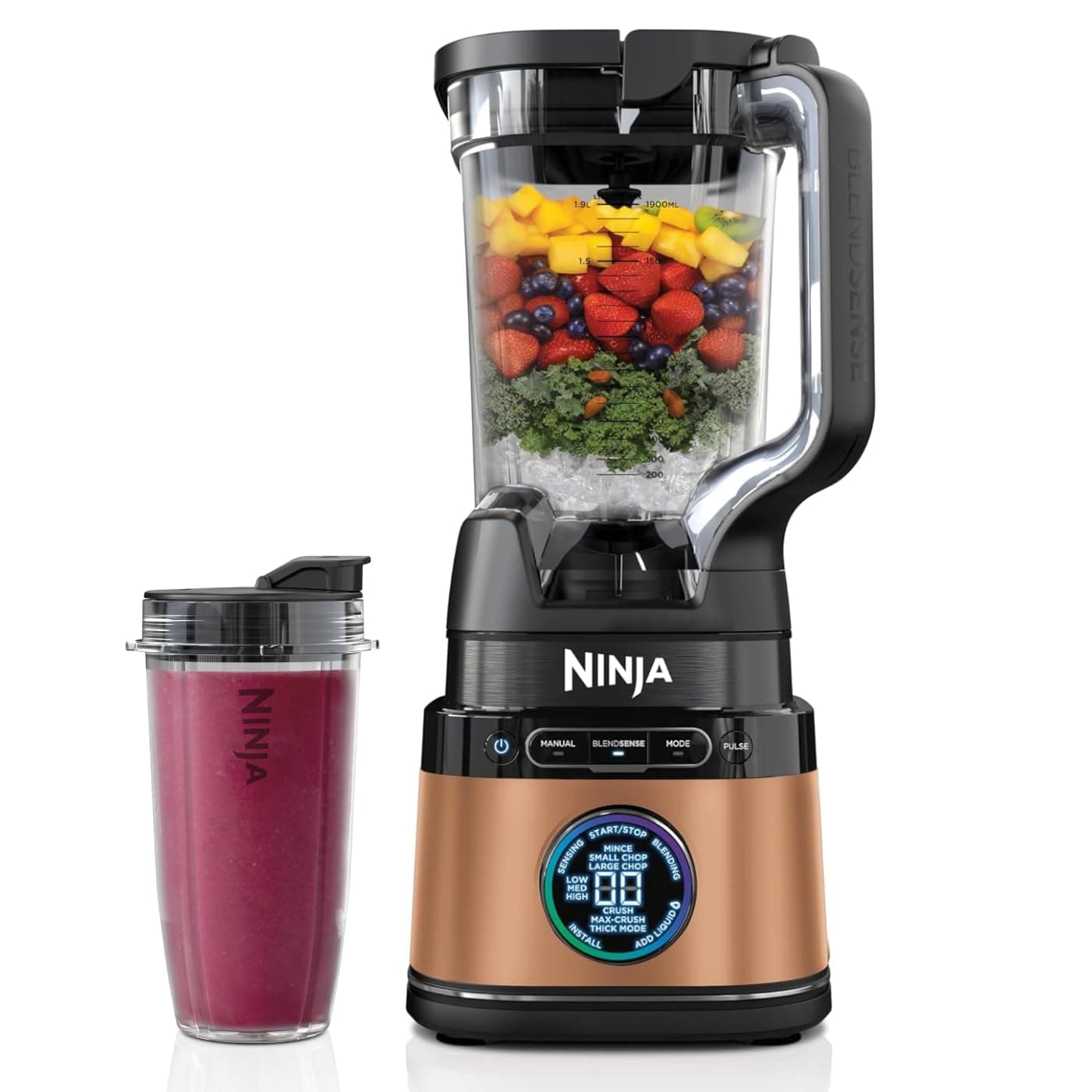 Ninja Detect Power Pro Batidora 2 en 1 (1200W), con jarra de 2 L (capacidad máx. 1900 ml) y 2 vasos, para smoothies, picar verduras y mezclar bebidas congeladas, negro/cobre, TB301EUCP