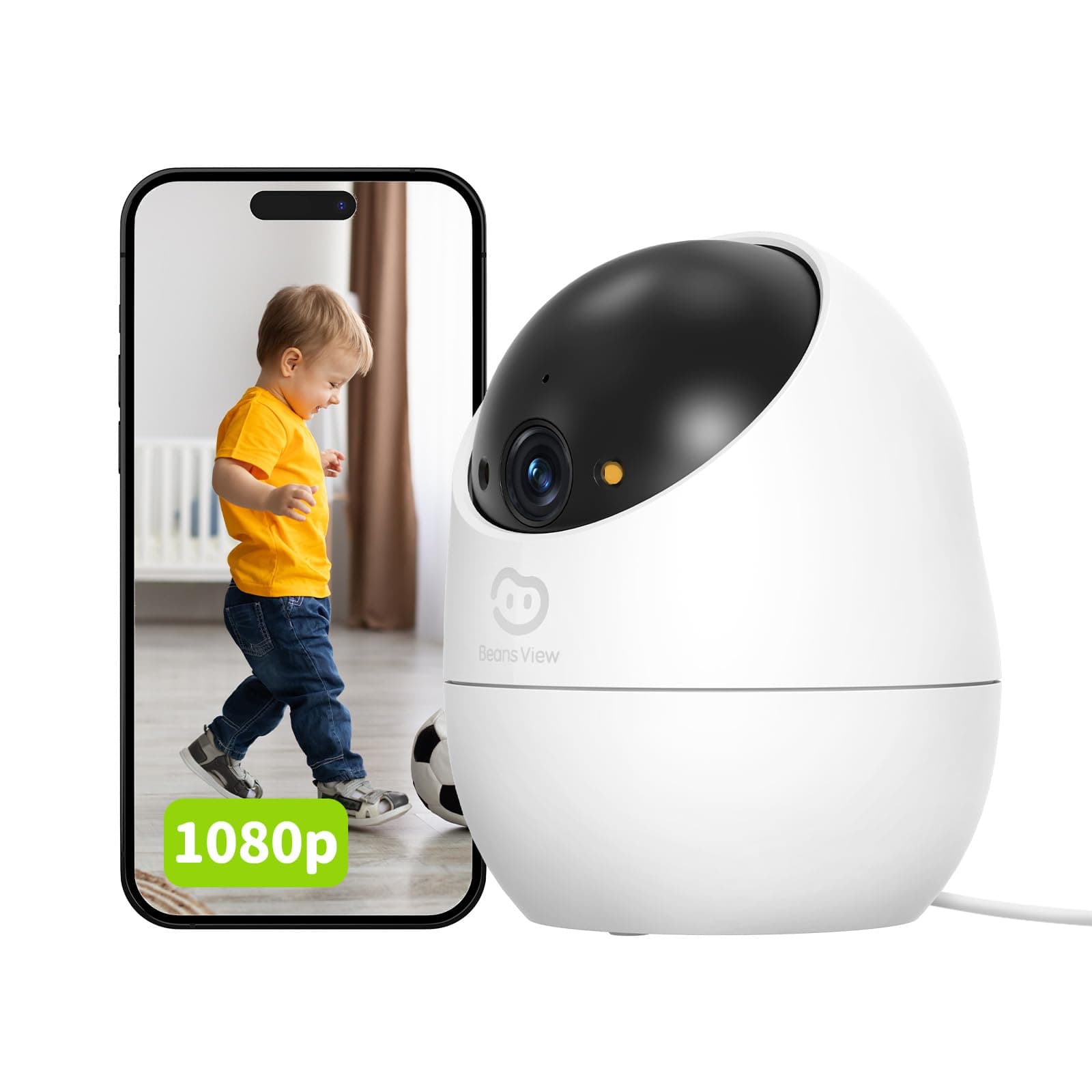Beans View Telecamera di Sicurezza per Interni, 360° Sorveglianza, 2.4GHz Wi-Fi 1080P, Visione Notturna a Colori, Bambino/Animale Domestico/Gatto/Cane, Rilevamento umano, Compatibile con Alexa (D210)