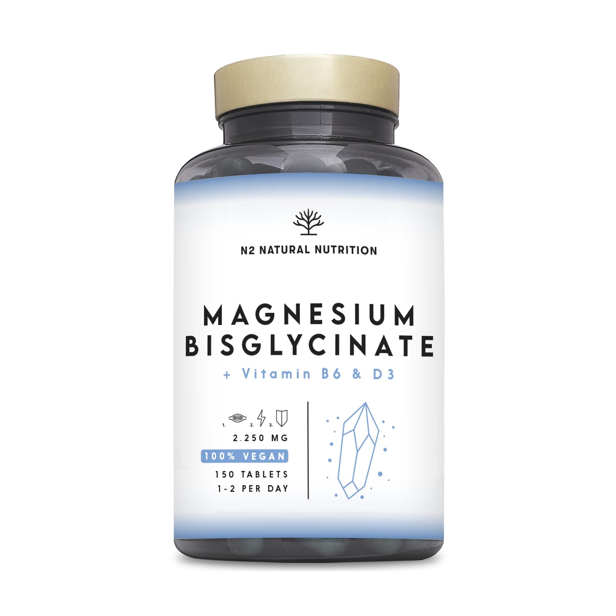 Magnesio Bisglicinato 2250 mg, 450mg de Magnesio Elemental + B6 + D3 Reduce el Cansancio y la Fatiga. 150 Comprimidos divisibles de Alta Absorción, hasta 5 Meses de Suministro. N2 Natural Nutrition.