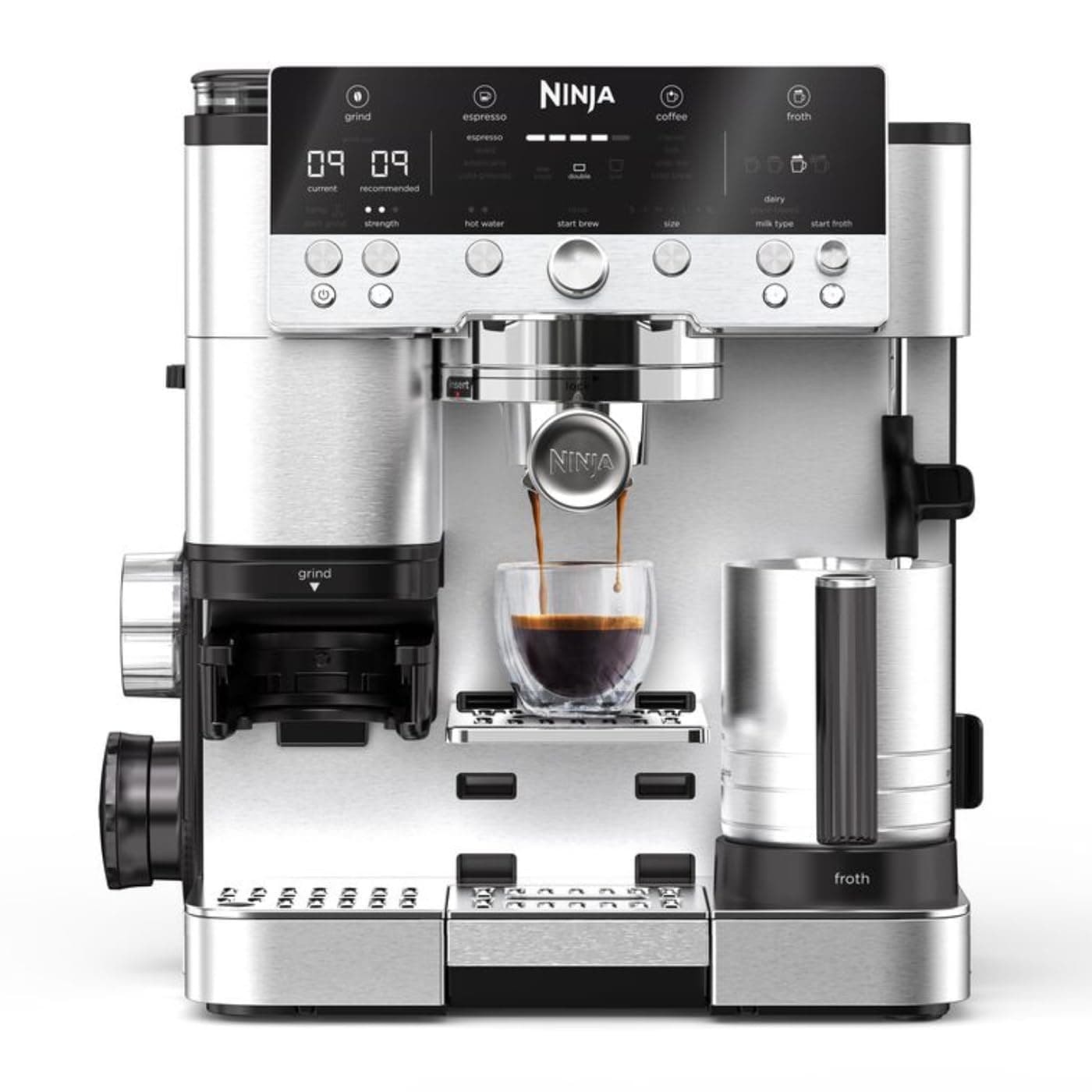 Ninja Machine à café Luxe Premier 3-en-1, Latte, Cappuccino, Infusion à froid et Espresso avec broyeur à grains et mousseur à lait intégrés, facile à utiliser, 4 préréglages mousse, argent, ES601EU