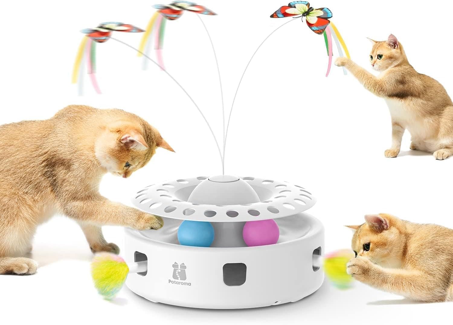 Potaroma Jouet Interactif Automatique 3-en-1 pour Chats d’Intérieur – Plumes Mobiles, Papillon Volant & Balles de Piste, Double Alimentation USB ou Piles