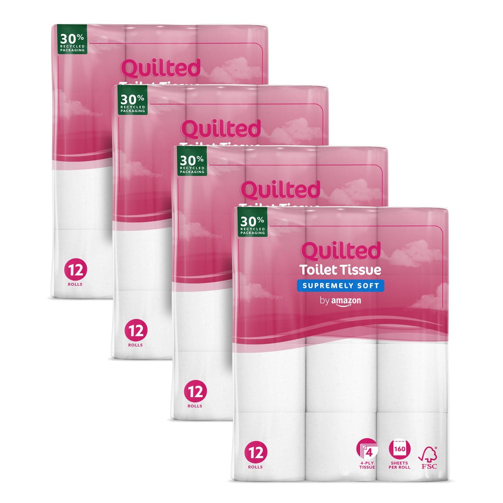by Amazon Papier Toilette, 4 Épaisseurs Matelassé, Douceur Suprême, 48 Rouleaux (4 Paquets de 12), 160 Feuilles par Rouleau, Certifié FSC