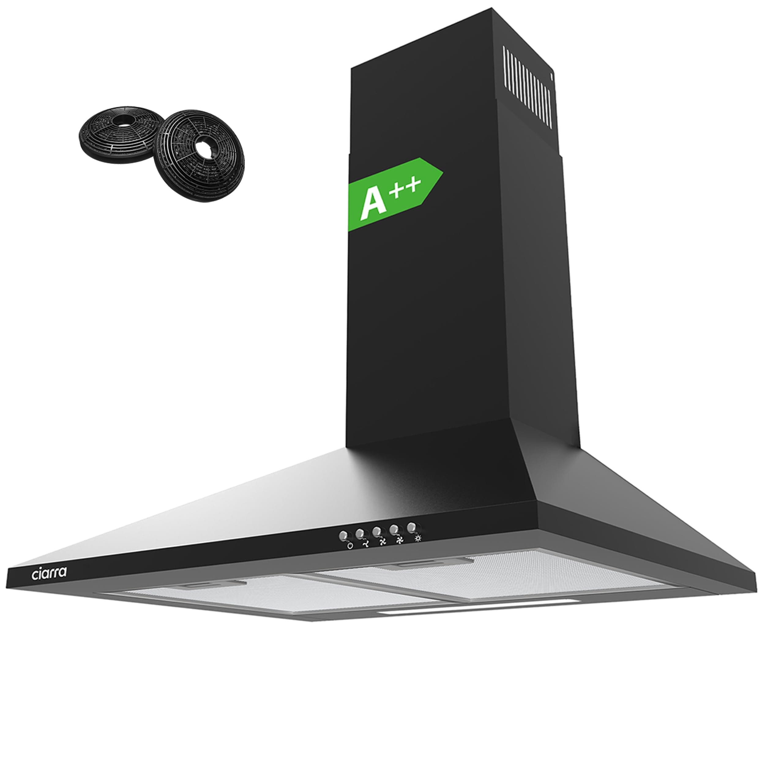 CIARRA CBCB6201 Cappa Aspirante Cucina 60 cm Classe A++ - Design Nero, 370 m³/h, 3 Livelli di Potenza, Montaggio a Parete con Filtro Carbone CBCF002X2